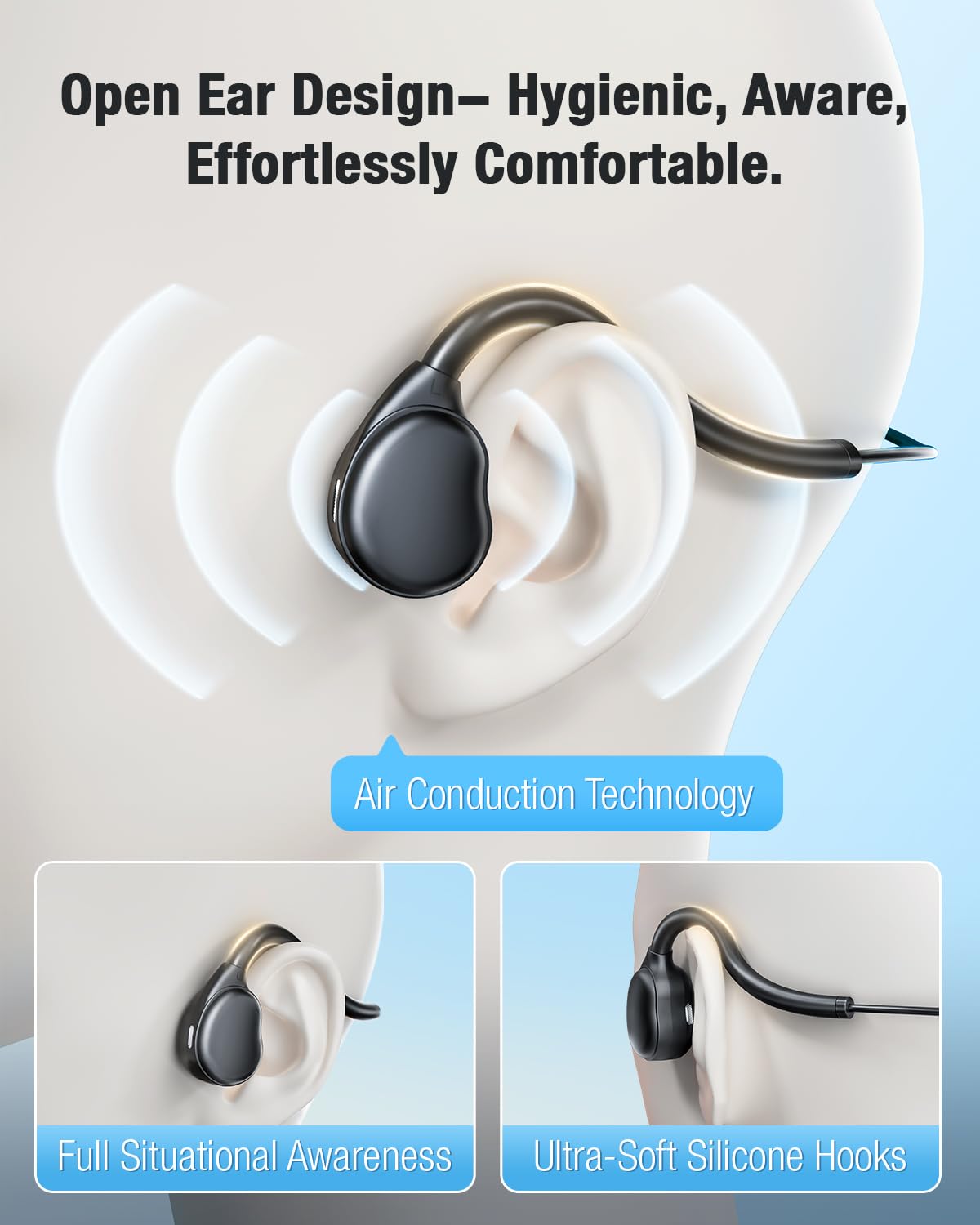 Écouteurs ouverts avec microphone amovible, câble cristal, 3,5 mm + contrôle audio filaire USB - Noir
