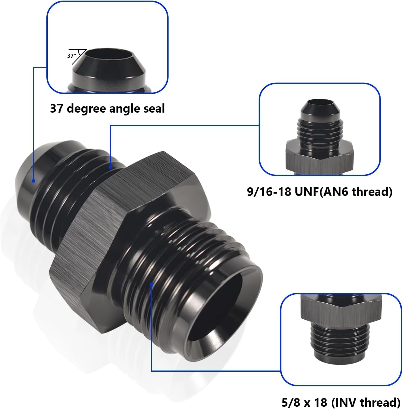 6AN Male Flare to 5/8 x 18 Male Thread Inverted Straight Hose Aluminum Adapter Connector Black Anodized Surface Fuel Fitting,Pack of 2