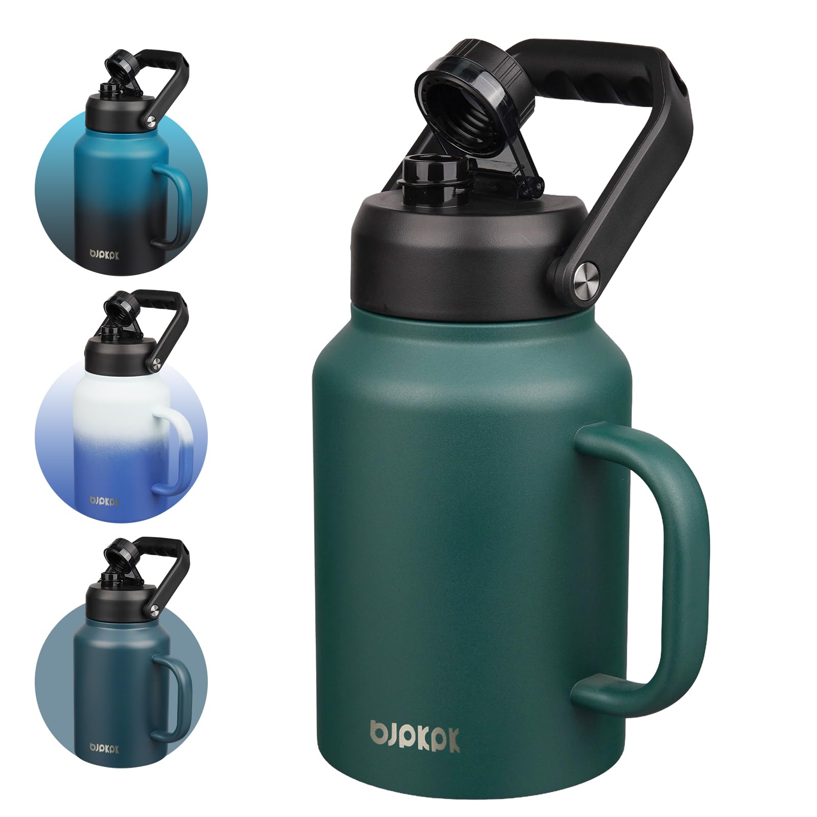 BJPKPK 64oz Insulated Water Bottle with Handle, Large Dishwasher Safe Half Gallon Water Bottle, BPA Free Water Jug, Wide Mouth Metal Flasks with Anti-slip Bottom, Keep Cold & Hot, Army Green