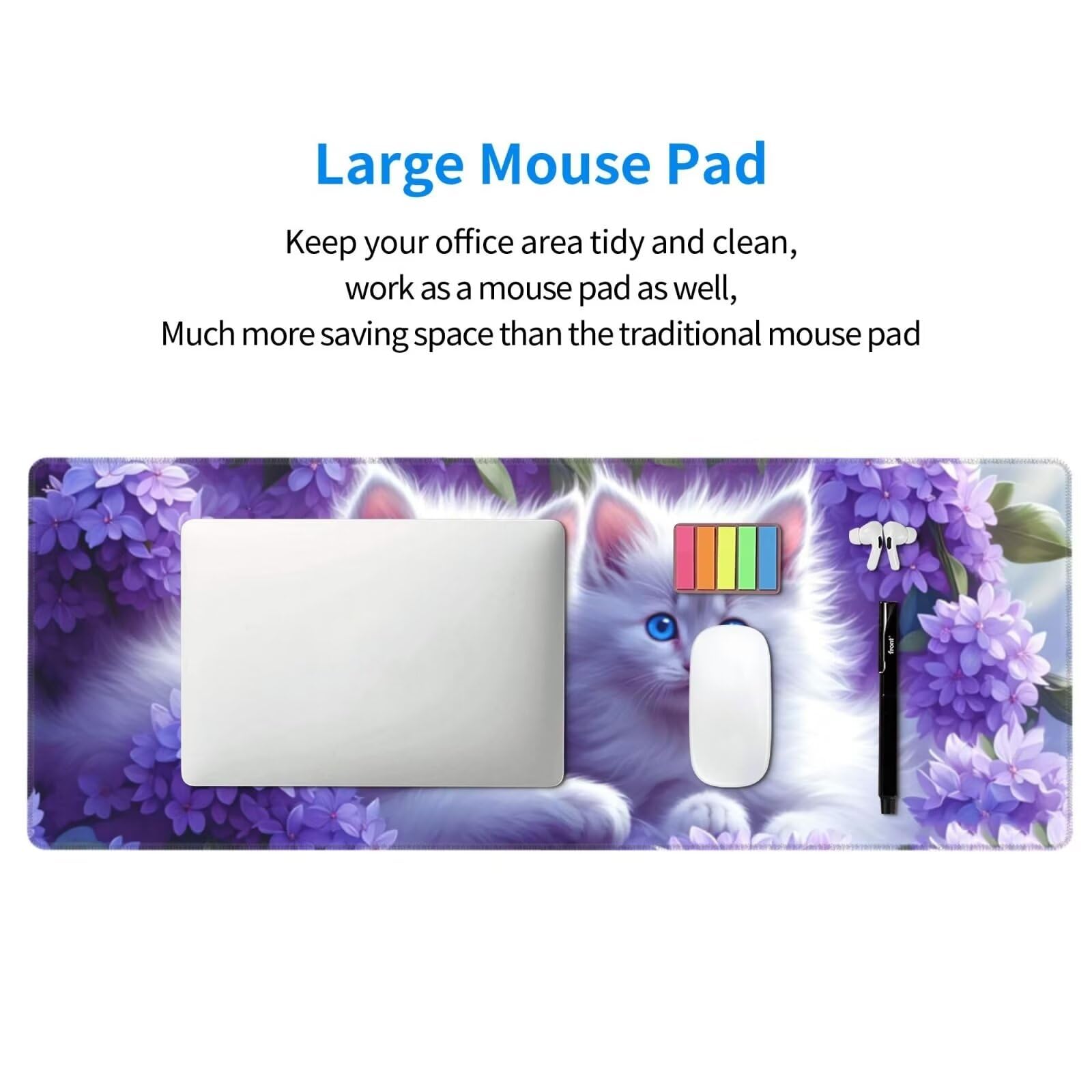 Tappetino Mouse, Tappetino Mouse Gaming Grande XXL 1500x800x3mm Tappetino Scrivania Mouse Pad, Base in Gomma Antiscivolo, Bordi Cuciti,Lavabile, Mousepad per Ufficio e Gaming (Gatto bianco) R-22