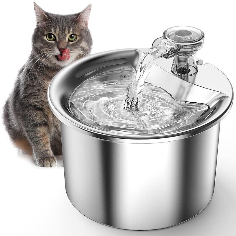Cat Water Fountain - 67Oz/2L Automatic 304 Stainless Steel Pet Water Fountain, Ultra-Quiet Pump and 4 Replacement Filter