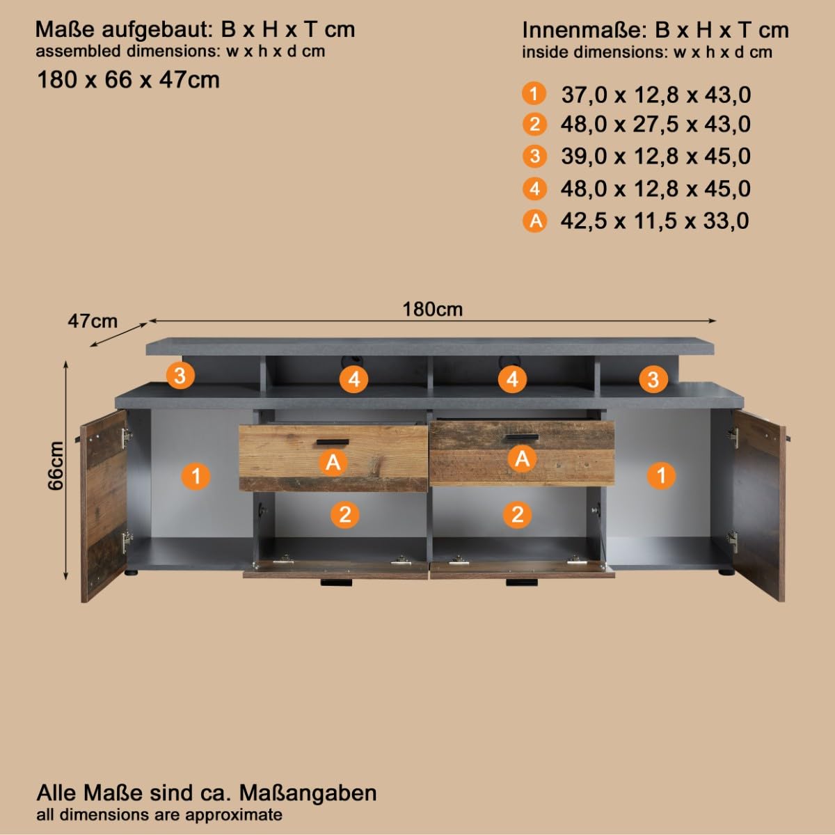 trendteam smart living - Mood - TV-Schrank - Matera/Alteiche - TV-Lowboard mit 4 Fächern und 2 Schubladen - (BxHxT) 180 x 66 x 47 cm - Kabeldurchführung - Kratzfest
