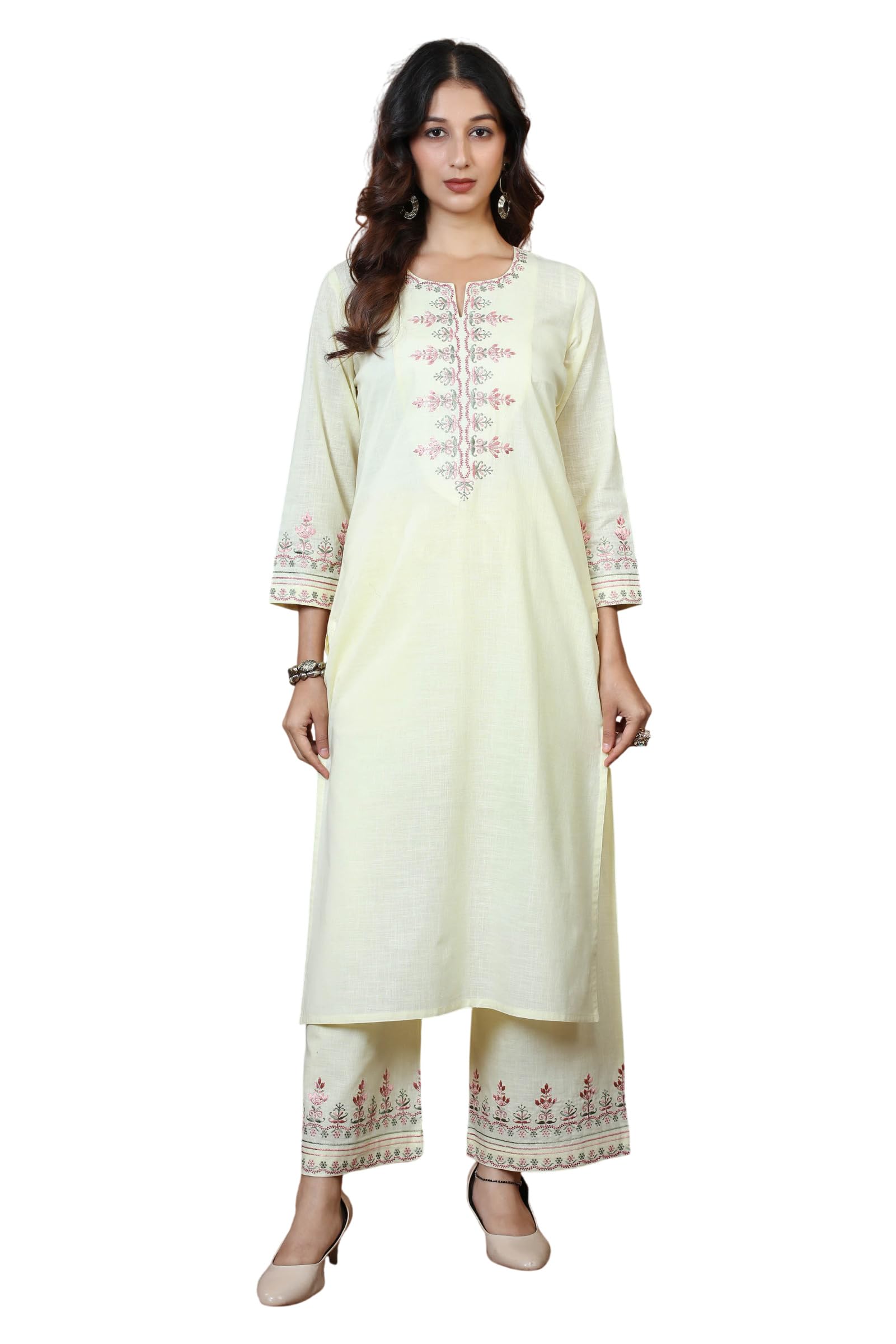 cotton culture Cream Floral Embroidered Pure Cotton Ethnic Co-Ord Set-XXL-picture-37