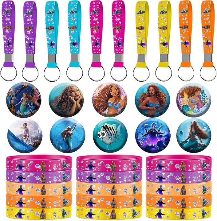 GANKTOWCOY 30PCS Black Mermaid Party Favors ，Black Mermaid 2023 Birthday Party Decorations Supplies Including 10 Bracelets, 10 Key-chains, 10 Button Pins for Mermaid Birthday Decorations