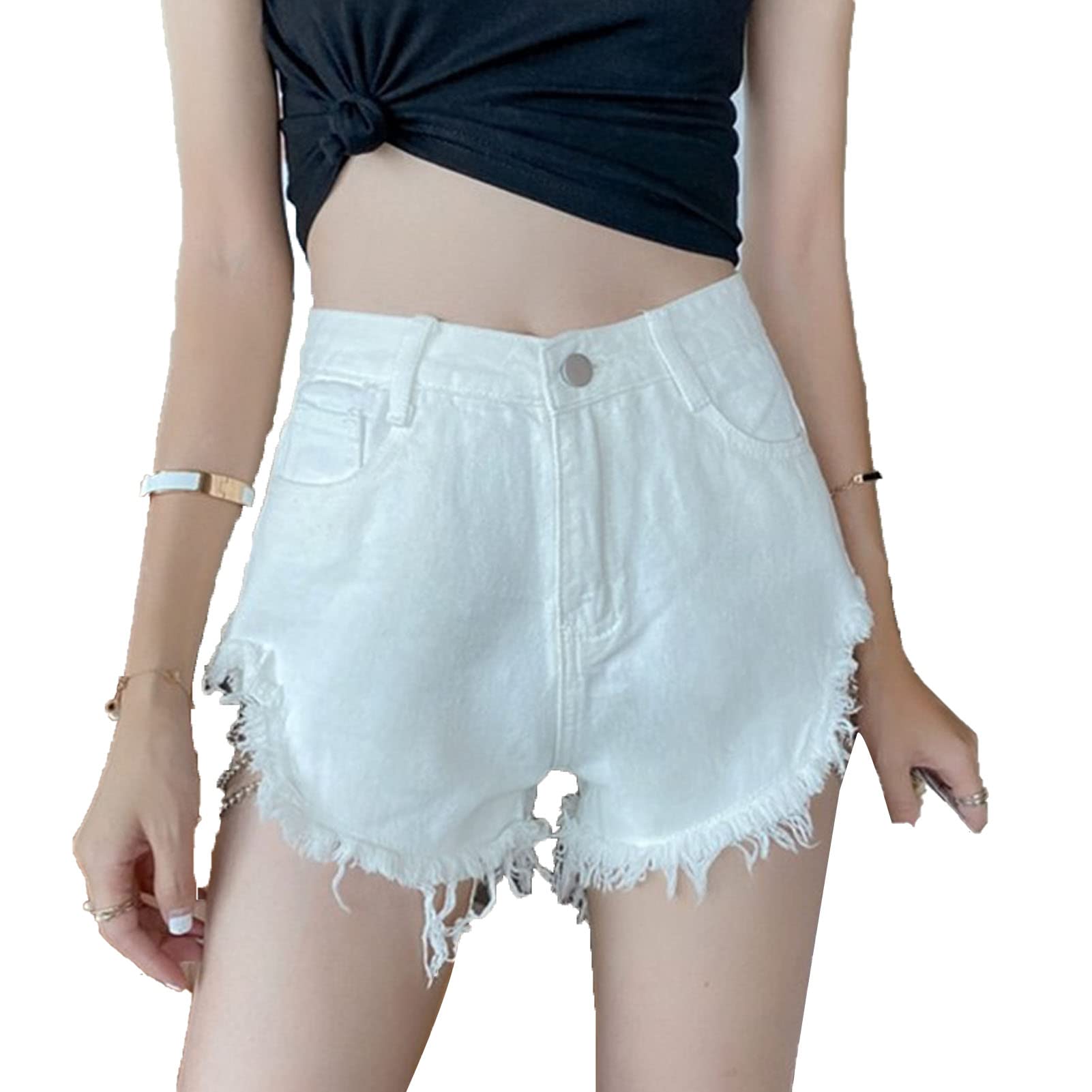 Women's Hem Tassels Denim Shorts High Waist Split Metah Chain Short Jeans Distressed Fray Hem Chain Denim Shorts (Large,White)