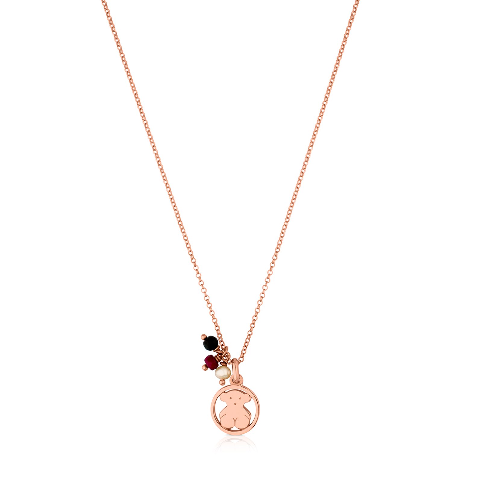 TOUS Collar con Baño de Oro Rosa 18Kt sobre Plata para Mujer con Motivo de Oso con Ónix, Rubí Tratado y Perla Cultivada, Largo 45cm, Elegante y Versátil, Colección Camille