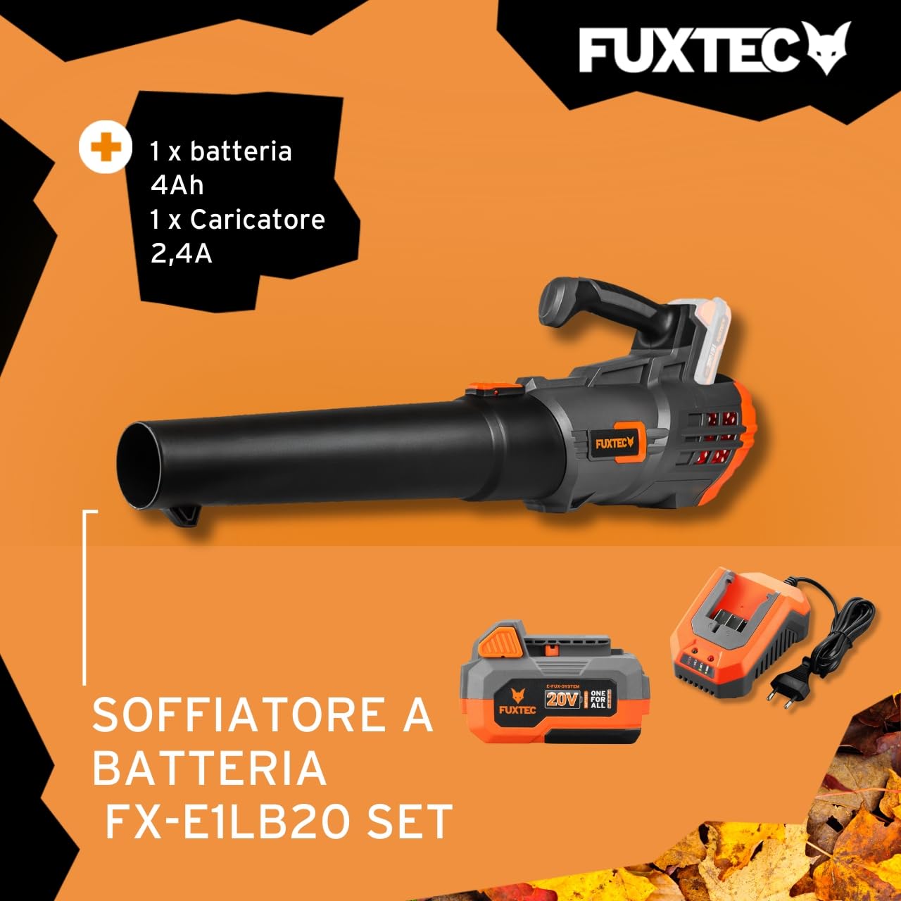 Soffiatore a batteria 20V FUXTEC FX-E1LB20, SET con Batteria 4 Ah e caricatore 2,4 A, velocita’ aria 38m/s, leggero e silenzioso- soffiafoglie per la cura del vostro giardino