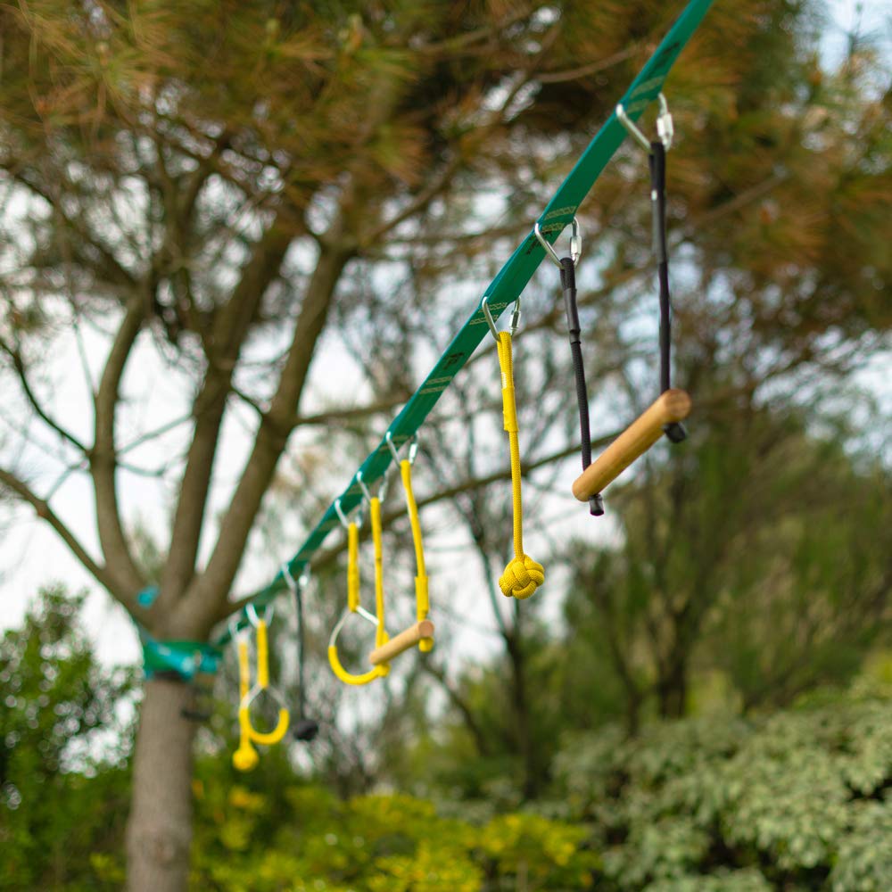 France Trampoline – Slackline und Hindernisparcours für Kinder – Ninja Parcours mit 14 Hindernissen und 15 m Slackline – Outdoor-Spiel für Kinder und Erwachsene mit Leiter, Kletternetz