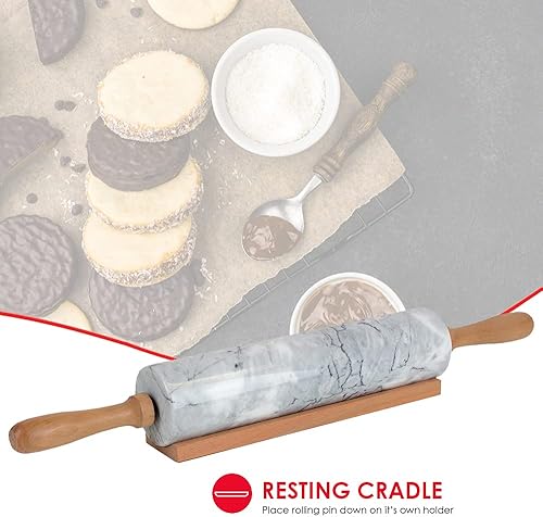 Miniatura 4 de Home Basics Rodillo de piedra de mármol blanco con asas de madera de fácil agarre y soporte de exhibición de cuna de madera, pesado y sólido para