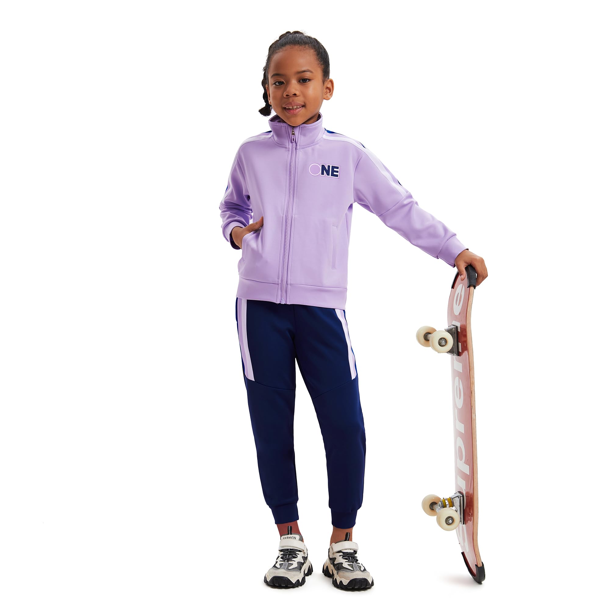 2Pack Mädchen Kinder Outfits Trainingsanzug Set gestreift Bomber Brief drucken Zip Up Crop Top Langarm mit Taschen unten Sport authentisch Jogger Kordelzug Hose für Alter 4-15 Jahre
