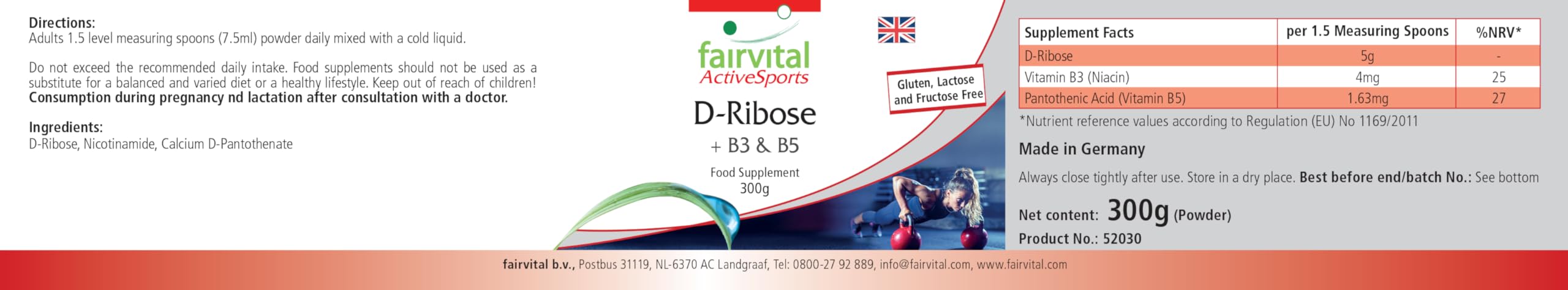 fairvital D-ribose en poudre, avec vitamine B3 (niacine) et B5 (acide pantothénique), Active Sports, VÉGÉTALIEN, 300 g