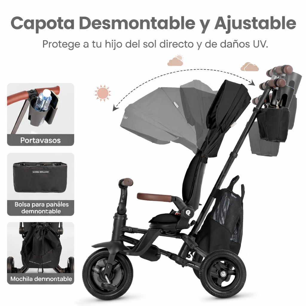 QPlay Carrito Evolutivo Nova Deluxe, con Asiento Giratorio, Plegado Compacto, Capota Ajustable, Cuero Hecho a Mano, Reposapiés y Frenos - Para Niños de 10 a 36 Meses (Negro)
