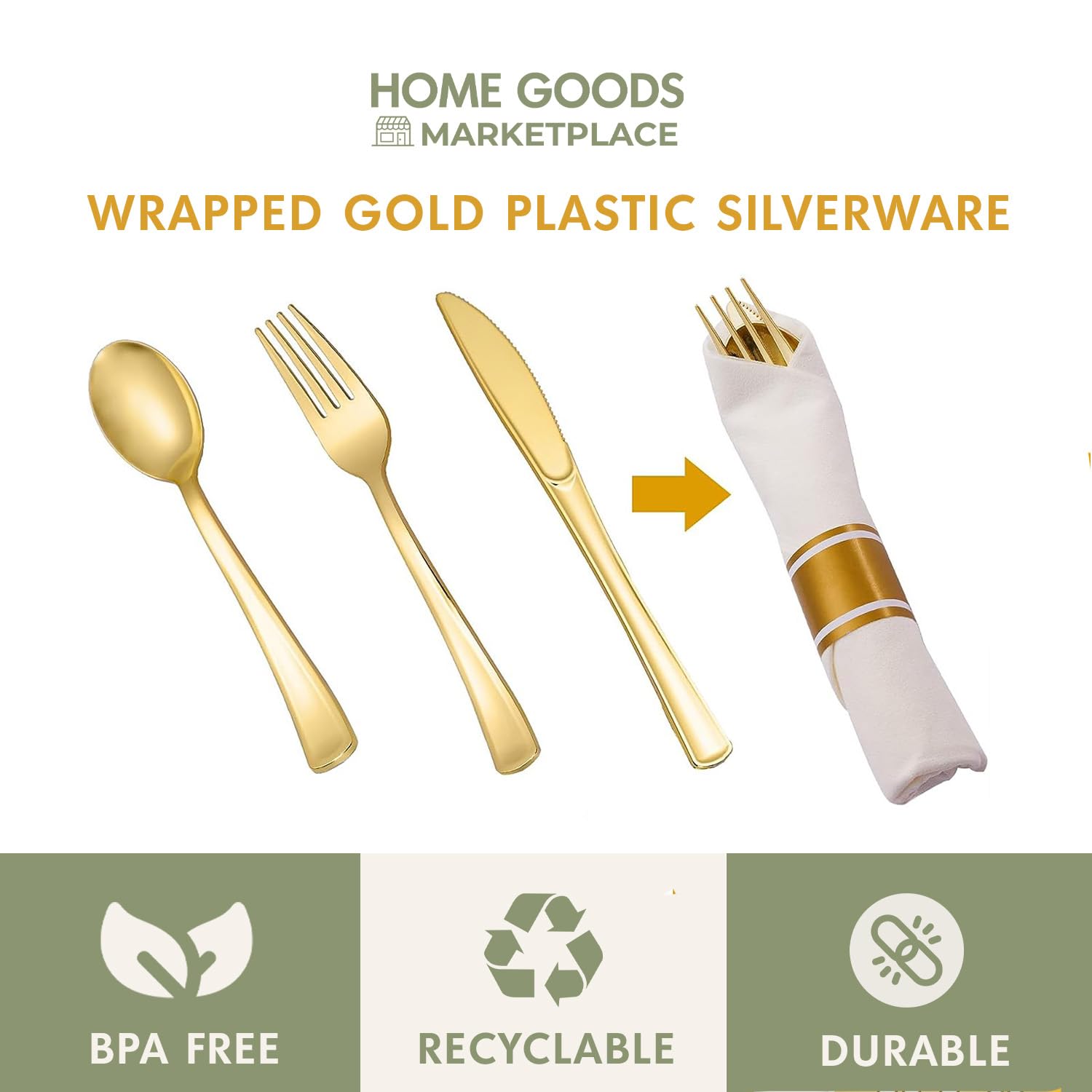 Gold Plastic Silverware Pre-Rolled Sets; Fork, Spoon, and Knife Rolls, Pack of 20 Pre-Rolled Sets