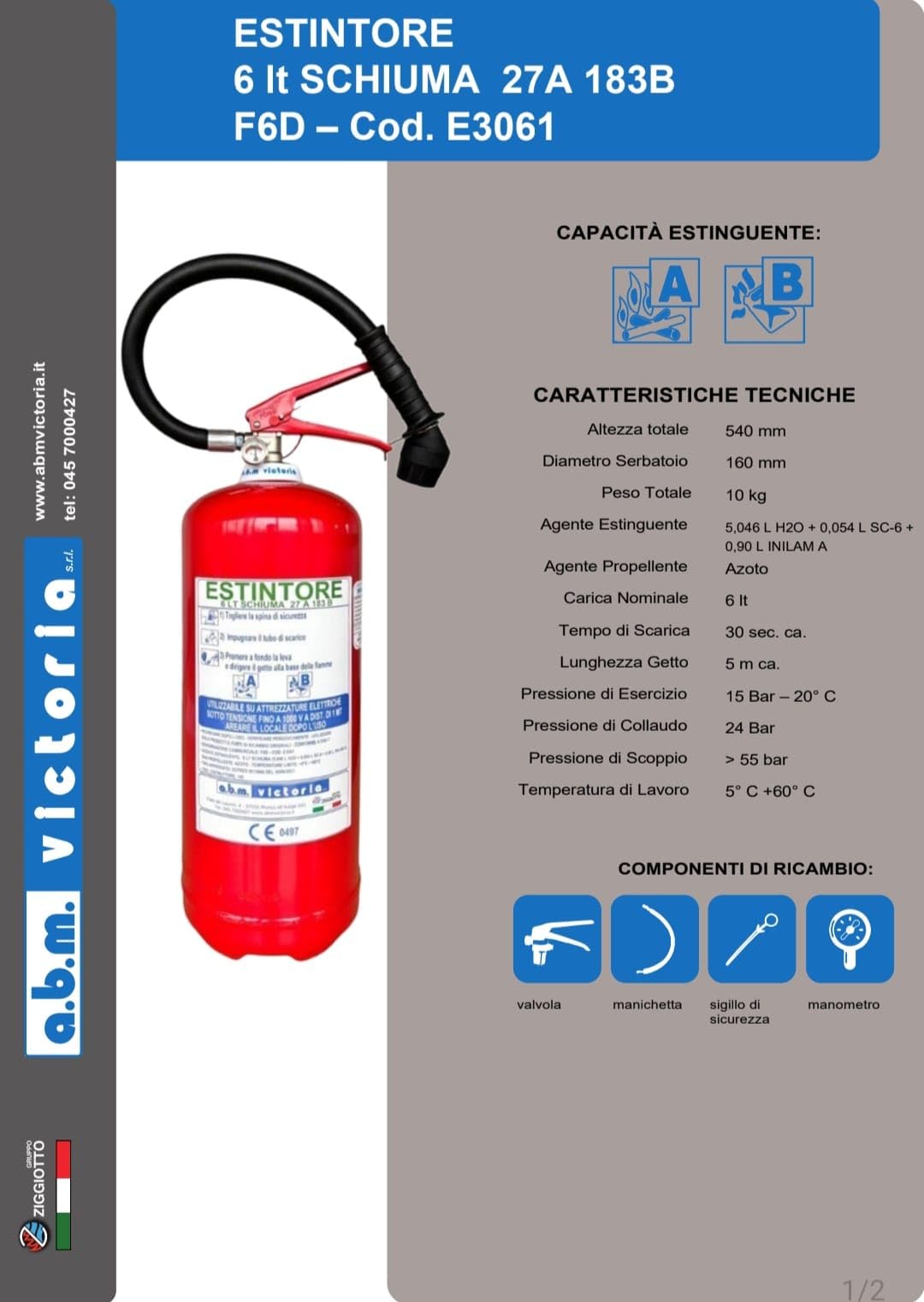 Estintore a Schiuma Idrico, 6 Litri, con Piantana e Cartello Segnaletico, Rosso