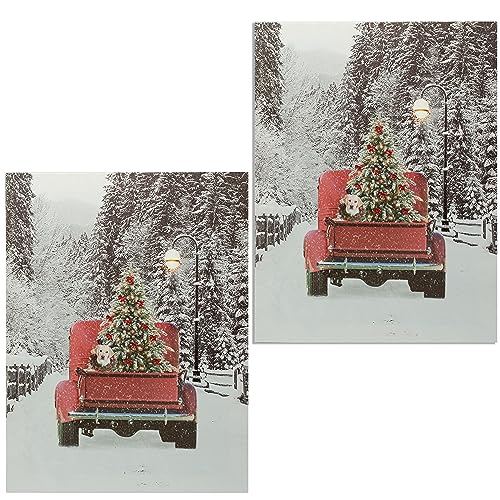 BANBERRY DESIGNS LED Lighted Red Pick-Up Truck Canvas Print - Illuminated Picture with Winter Scene and Vintage Red Pickup Truck Carrying a Christmas Tree Wall Light Up - 2 Piece Set
