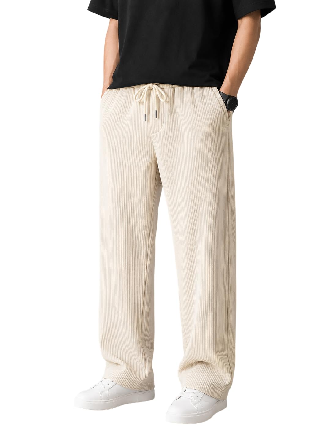 Men's Ribbed Wide Leg Lounge Pants | Relaxed Fit Drawstring Trousers | Pleated Textured Casual Travel & Home Wear Bottoms ||-picture-12