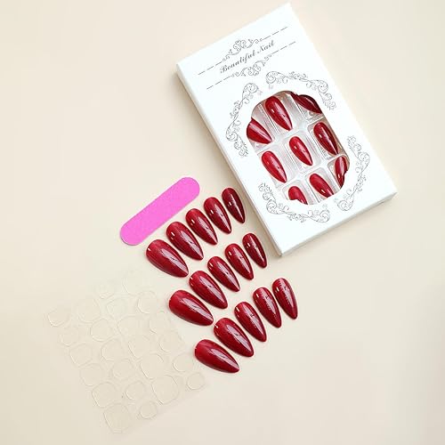 Miniatura 5 de Uñas postizas a presión rojas medianas de Navidad con forma de almendra, uñas postizas de gel acrílico de ajuste natural, uñas postizas