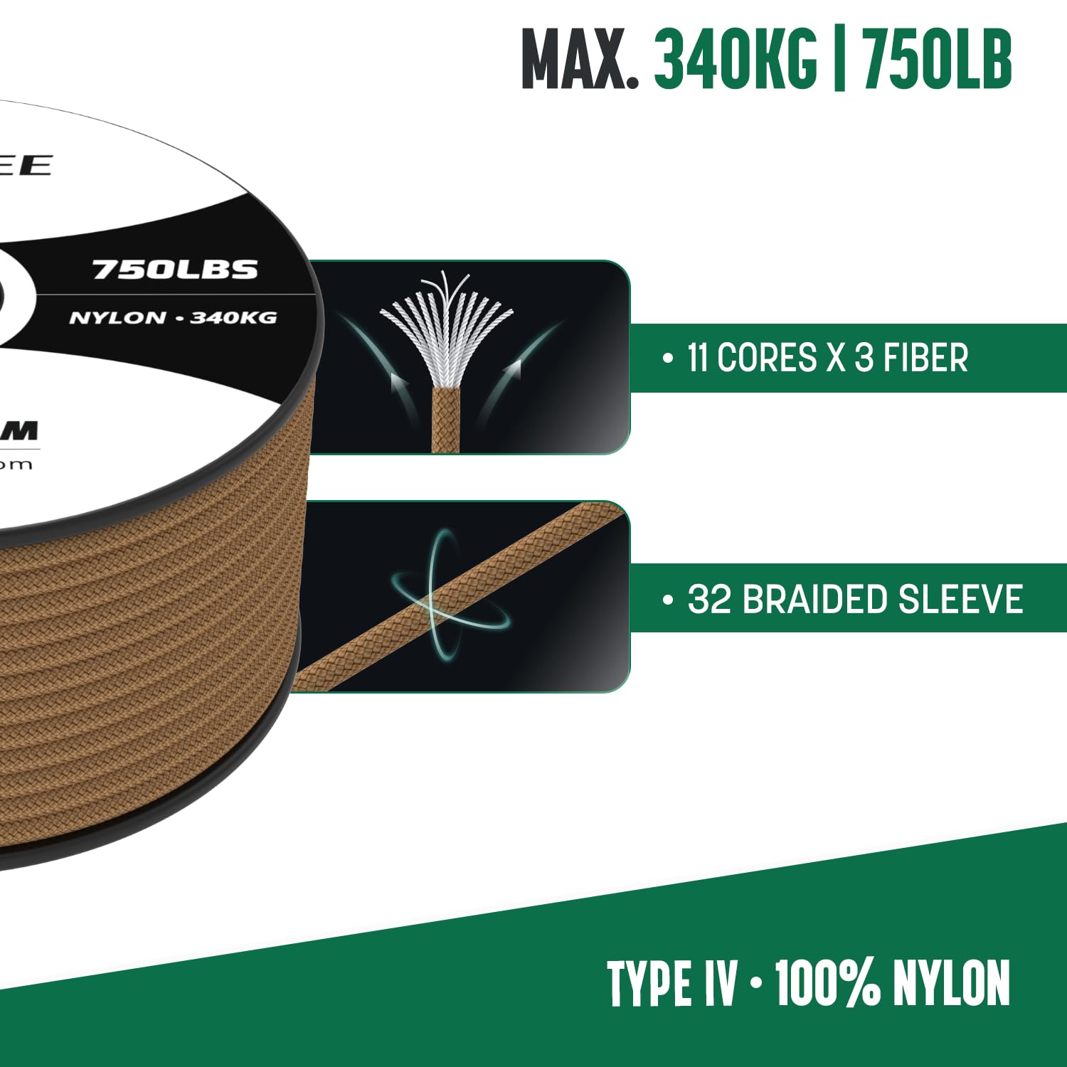 Brotree 4mm Paracord 750lb Nylonowa Sznurek 11-żyłowa Linka Typ IV do Zewnątrz, Survivalowy, Biwakowania - Obciążenie Niszczące 340kg