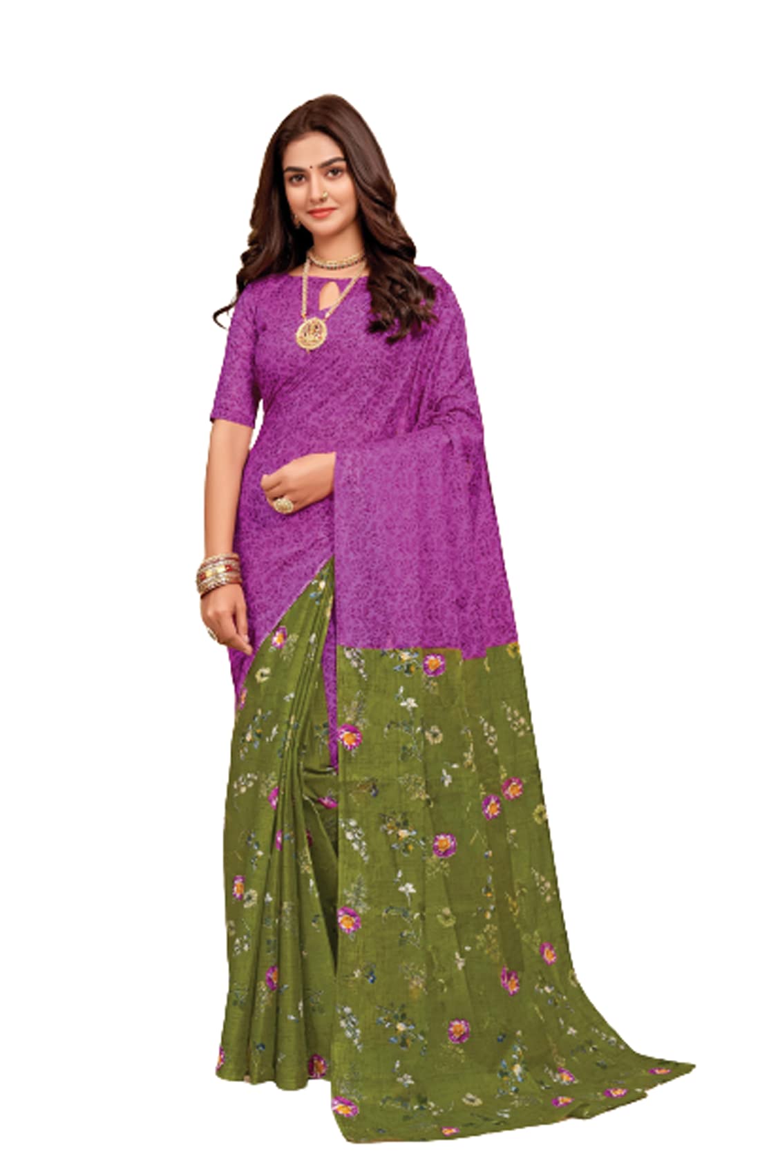 Minu Women's Fancy Saachi Silk Floral Printed Half & Half Saree with Blouse Piece