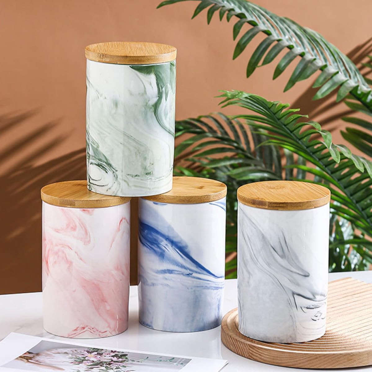 Housoutil Pot en Céramique Marbré Couvercle Vert pour Bocal de Rangement Hermétique 1 Pièce Adapté Thé et Fruits Secs