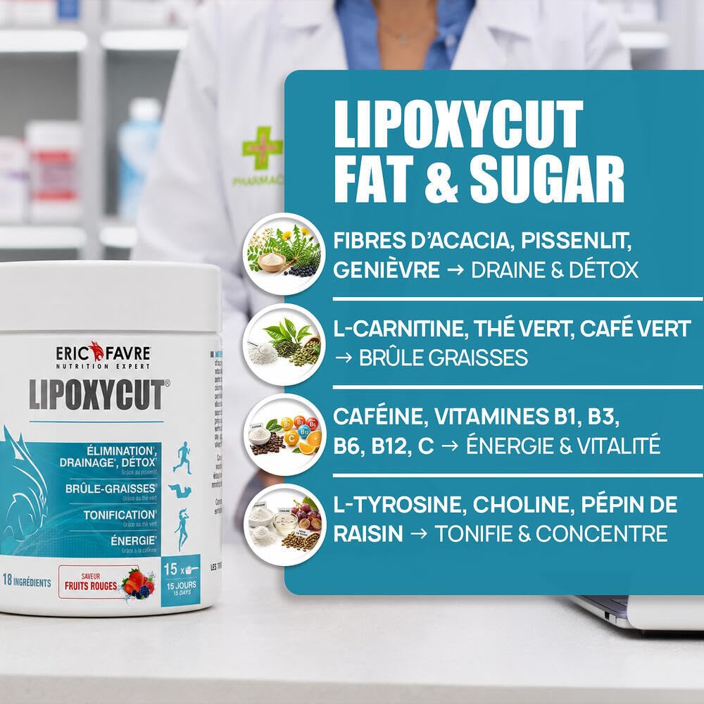 LIPOXYCUT FAT & SUGAR - Complément Alimentaire - Formule 4 en 1 avec L-Carnitine, Thé Vert, Café Vert & Vitamines - Faible en Sucres - 120g - Boisson Pomme Verte, Citron - Eric Favre