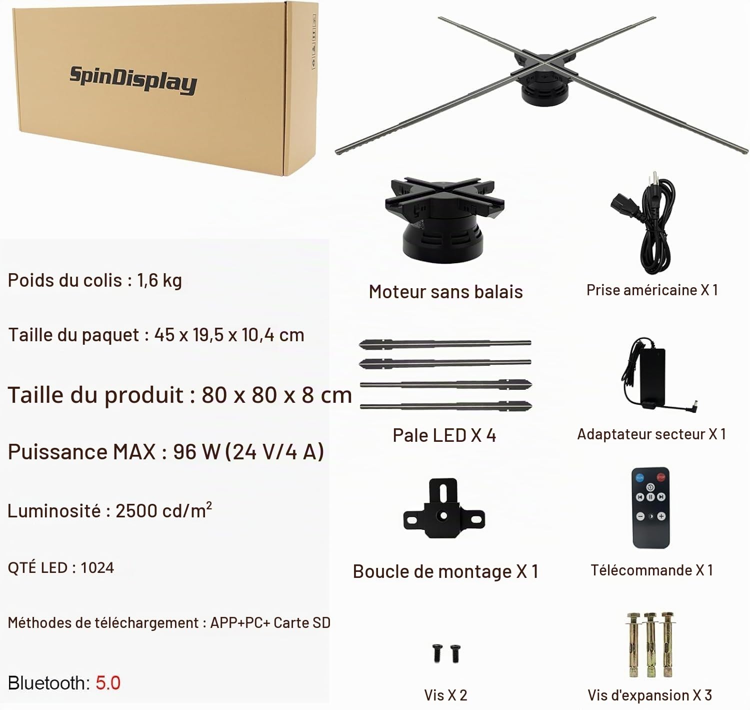 Hologramme 3D de 80cm avec Wi-Fi et Bluetooth, Projecteur Hologramme 3D avec 928 LEDs, 2500 cd/m² et 1500 Vidéos 3D Gratuites, Projecteur Holographique 3D pour Expositions, Magasins, Centres Commercia