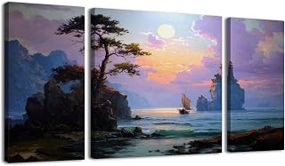 Weone Artwork 3 Panel Canvas Wall Art Blue Coastal Lighthouse Sailboat Tree Ocean Landscape Nature Stretched & Framed Art Prints Modern Painting Wall Decoration Ready to Hang Unique Designed