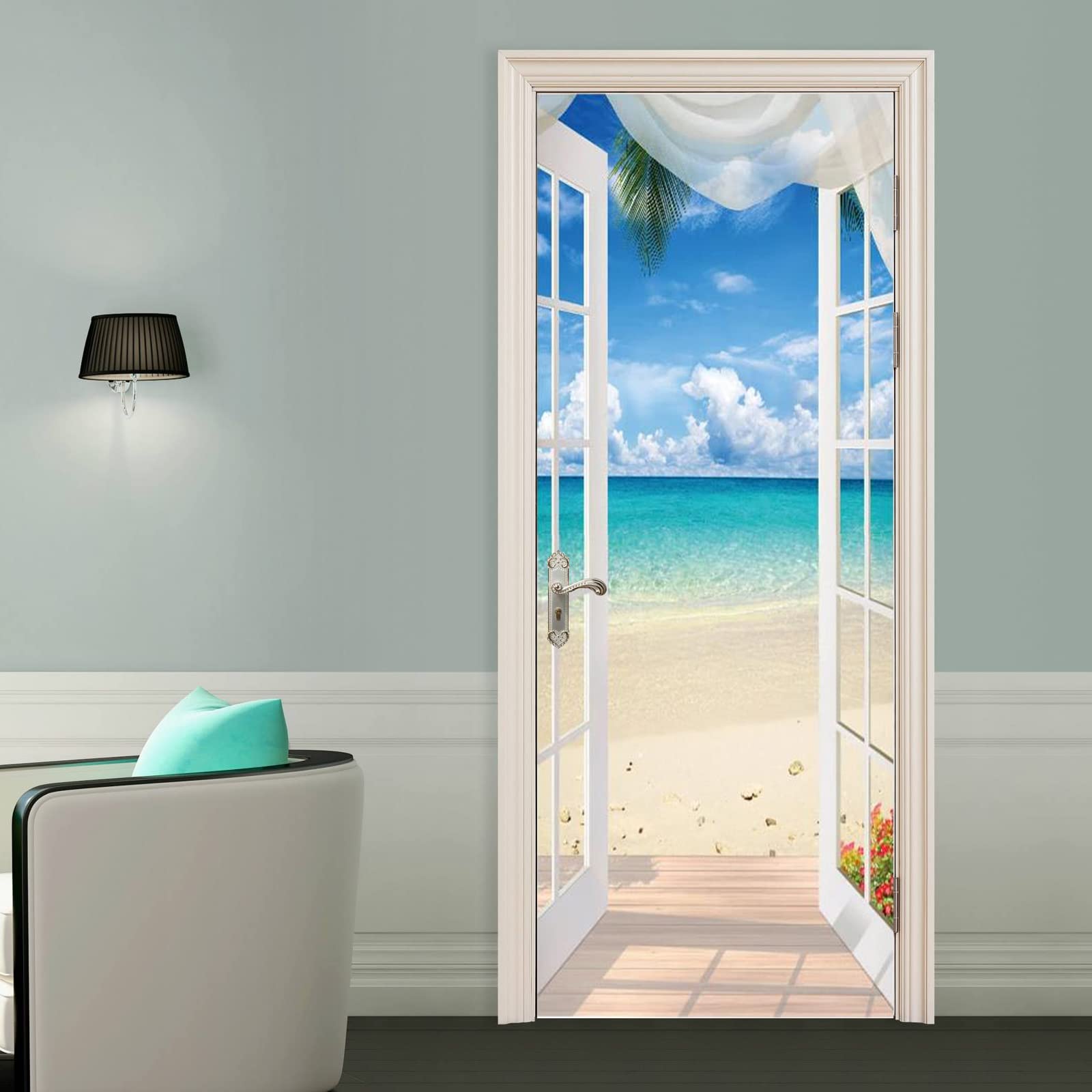 3D Stickers Porte Autocollants de Décoration pour Porte, Paysage de Bord de Mer Pvc Trompe L'oeil Mural pour Cuisine Chambre Salon Salle de Bain, Decoration Porte 30.3"x78.7" (A-02)