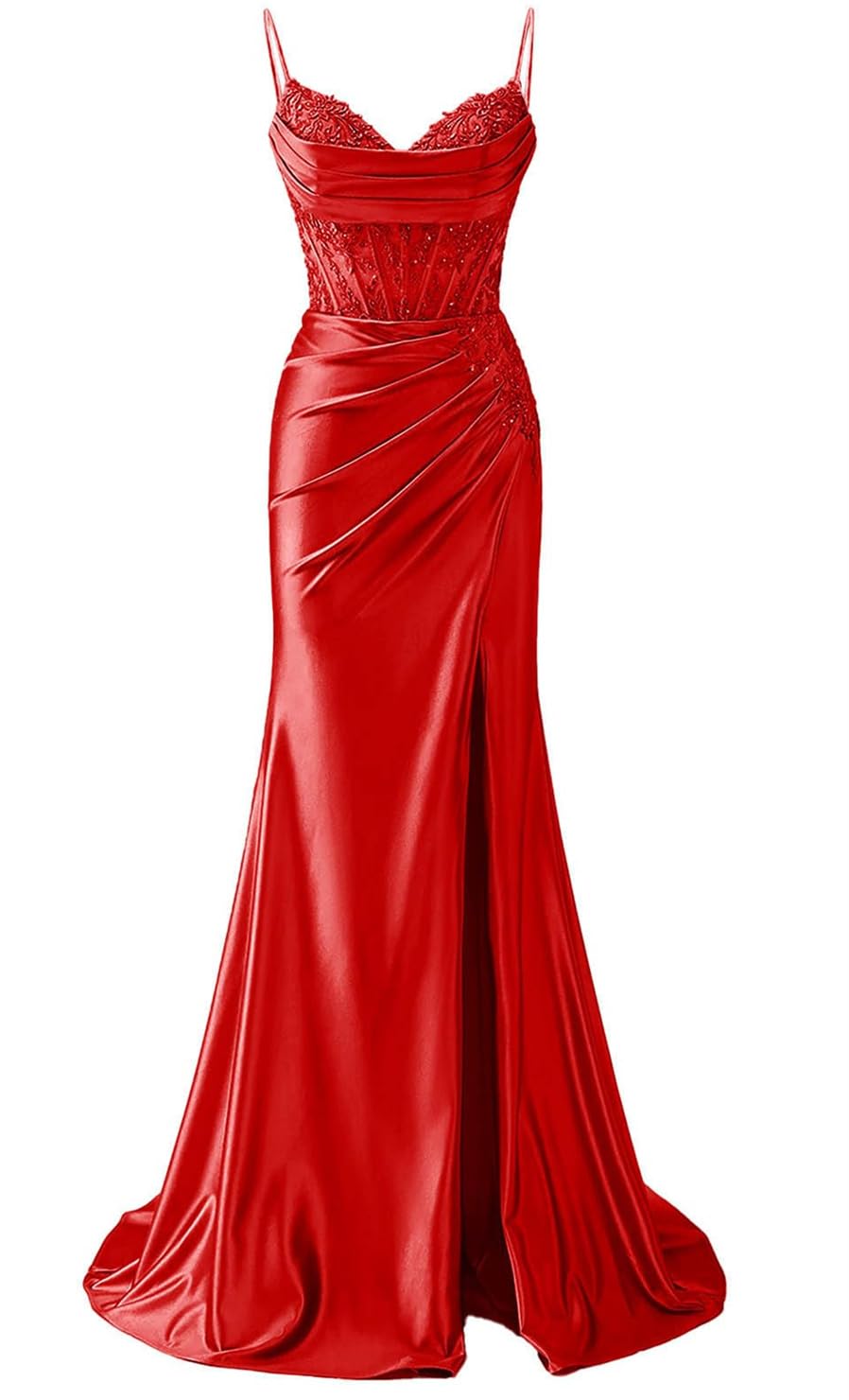 YIANN Spaghetti Strap V Neck Prom Dresses with Lace Applique Slit Red Satin Ball Gown Formal Party Dress UK8