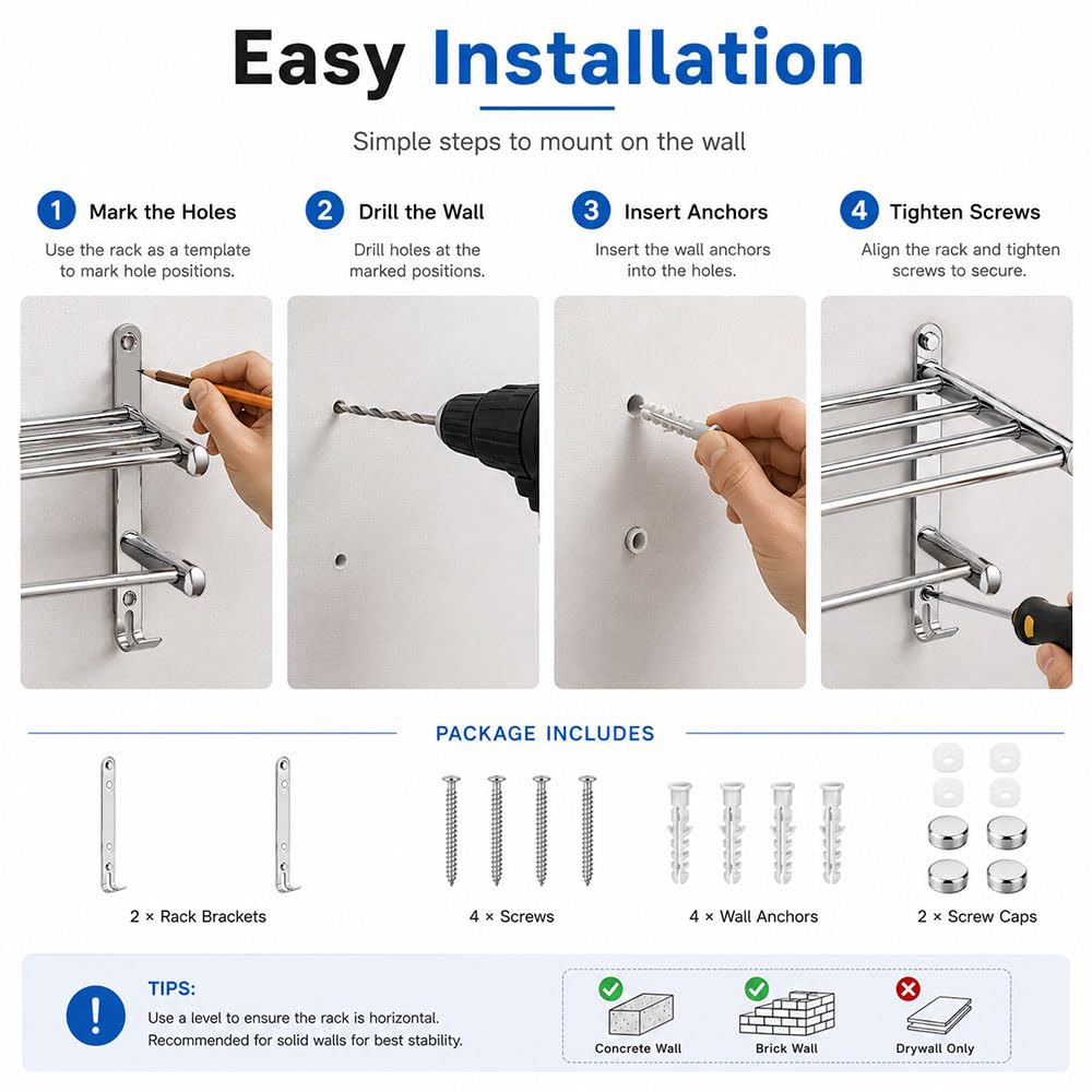 Porta Asciugamani da Parete 2 Livelli con Mensola, con Ganci e Viti | Portasciugamani Bagno Allungabile 43-76 cm, Porta Salviette da Muro Acciaio Inox, per Bagno, Cucina, Hotel (Argento)