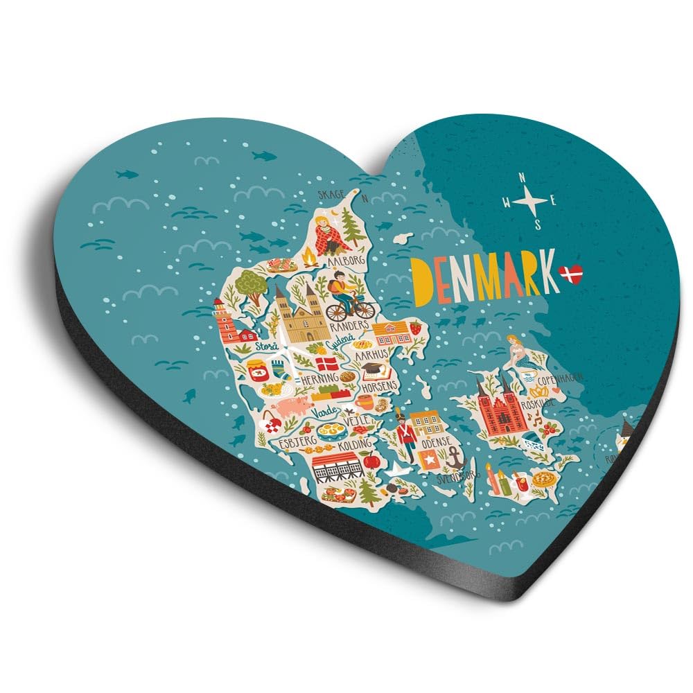1x Heart MDF Magnet 6cm - Denmark Danish Map Landmarks Travel - Fridge Locker Office Whiteboard Toolbox #58613