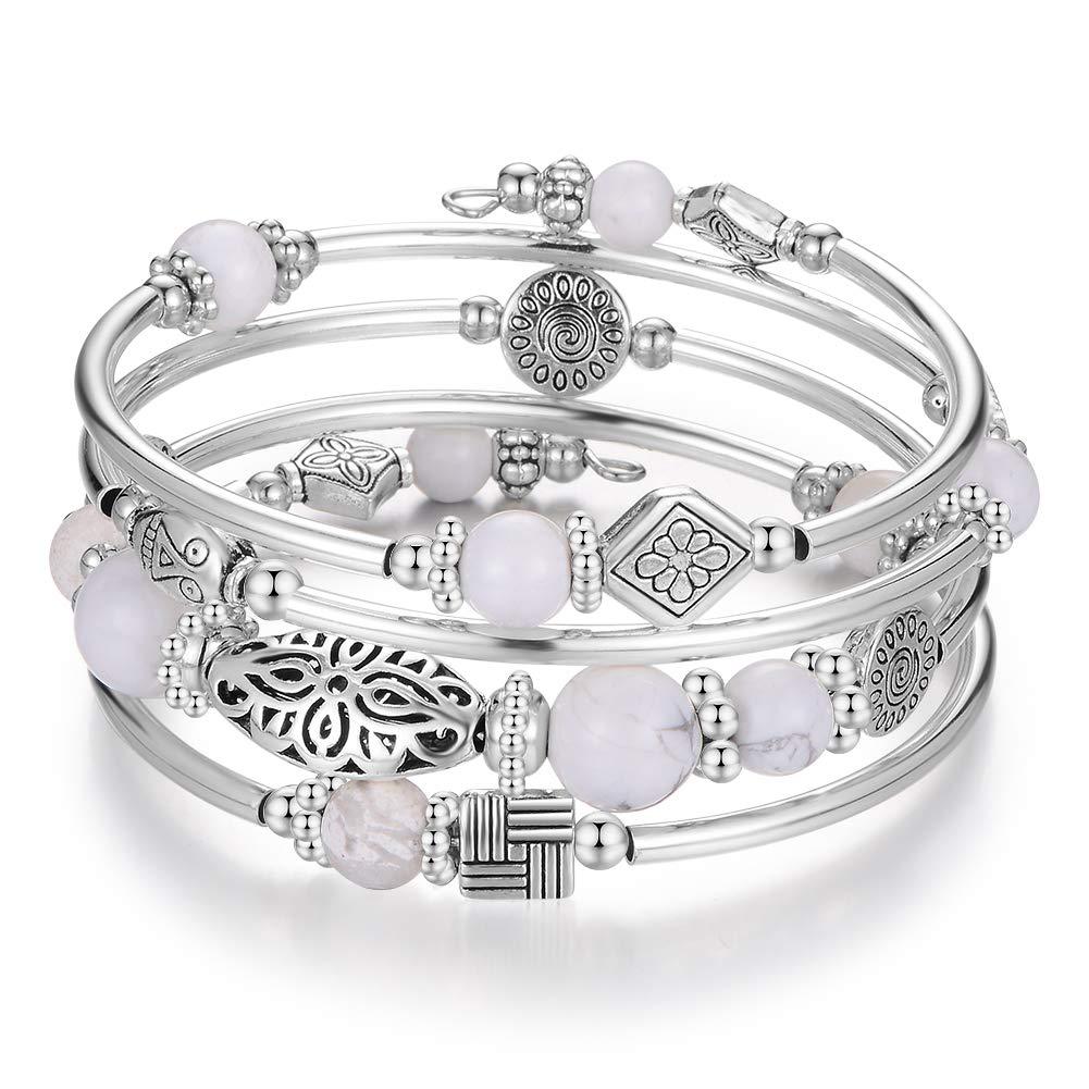 Sponsored Ad - Layered Wrap Bangle Turquoise Bracelet - Bead Bracelet with Natural Agate Stone, Gifts For Women