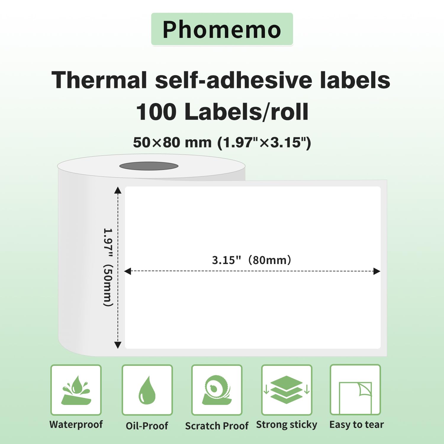 Phomemo 6 Rollen M110 Etikett, 6 Rollen M110/M220/M120/M200/M250/M221 Thermopapier – 1.97"x3.15"(50x80mm) quadratisches Mehrzweck-Etikett selbstklebend, 100 / Rolle（6 Rollen）