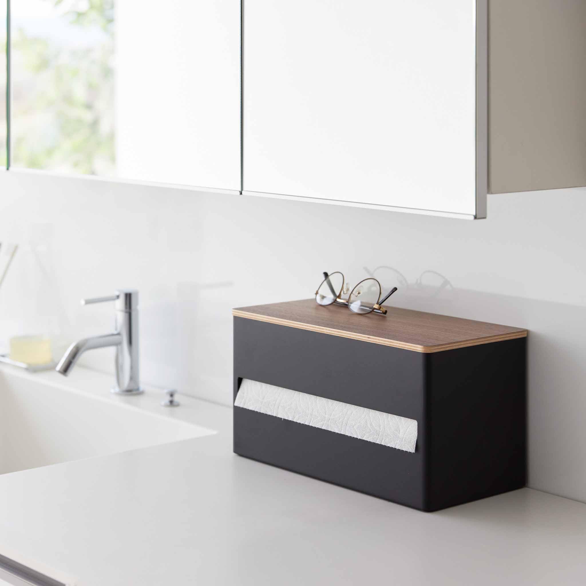 Yamazaki 1644 RIN Kitchen Paper Towel Holder, black, Steel/Wood/Silicone, 31.2 x 16.2 x 17 cm