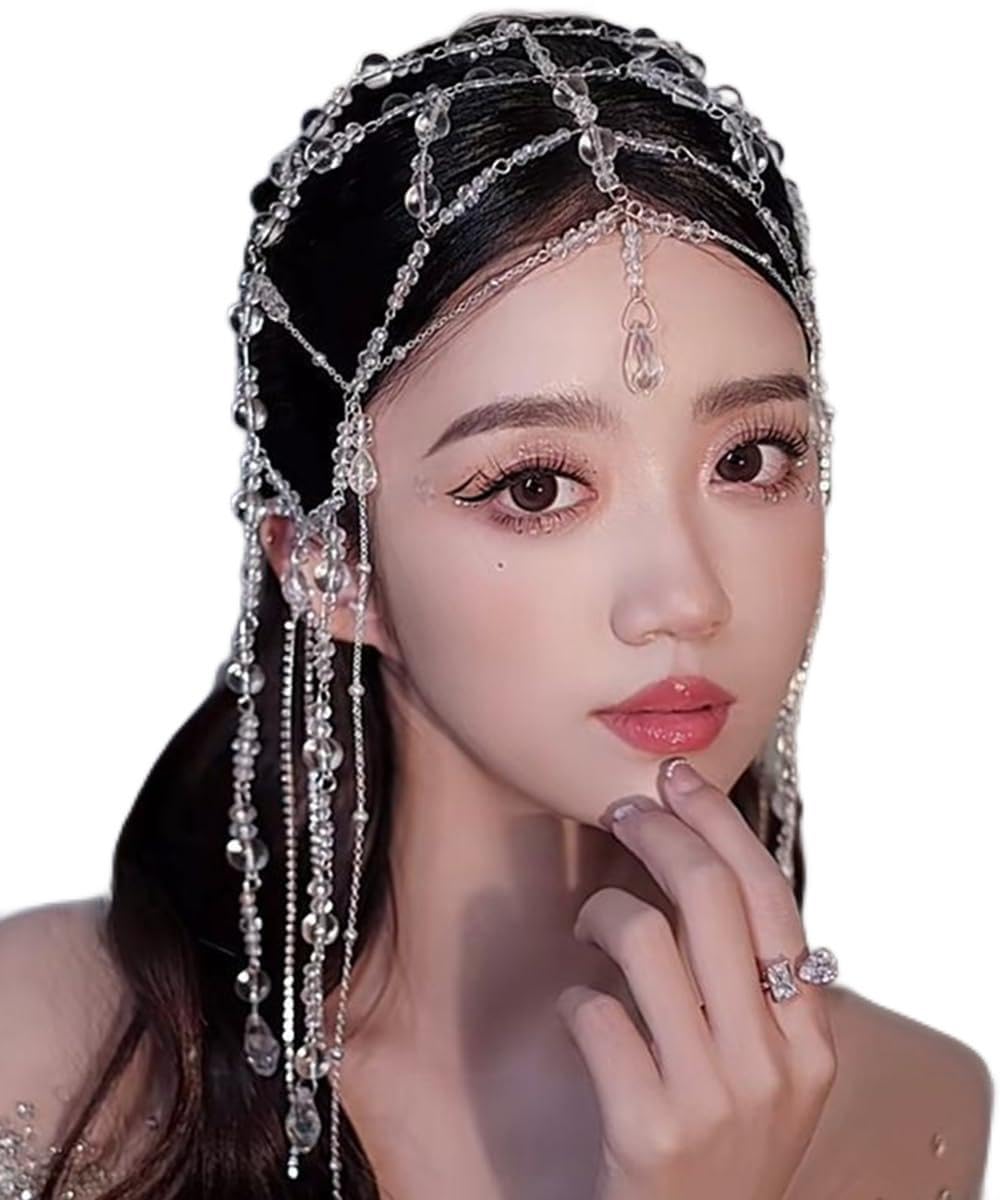 Xerling Transparent Crystal Beads Tassel Cap Headpiece 1920s