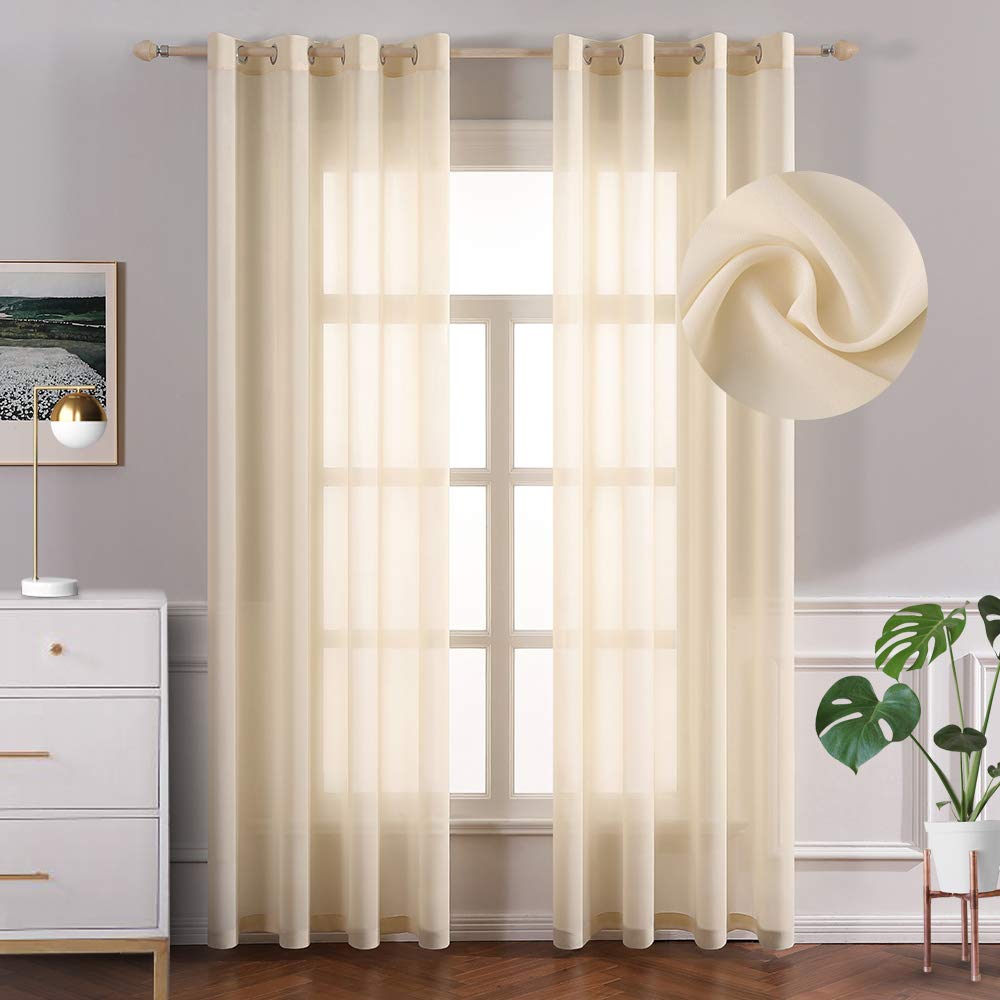 MIULEE Semi Sheer Curtains Voile Drapes Light Transparent Chiffon Curtain Panels Solid Classic Window Treatment Grommet Top for Bedroom Living Room Kitchen, 2 Panels 54 x 72 Inch, Beige