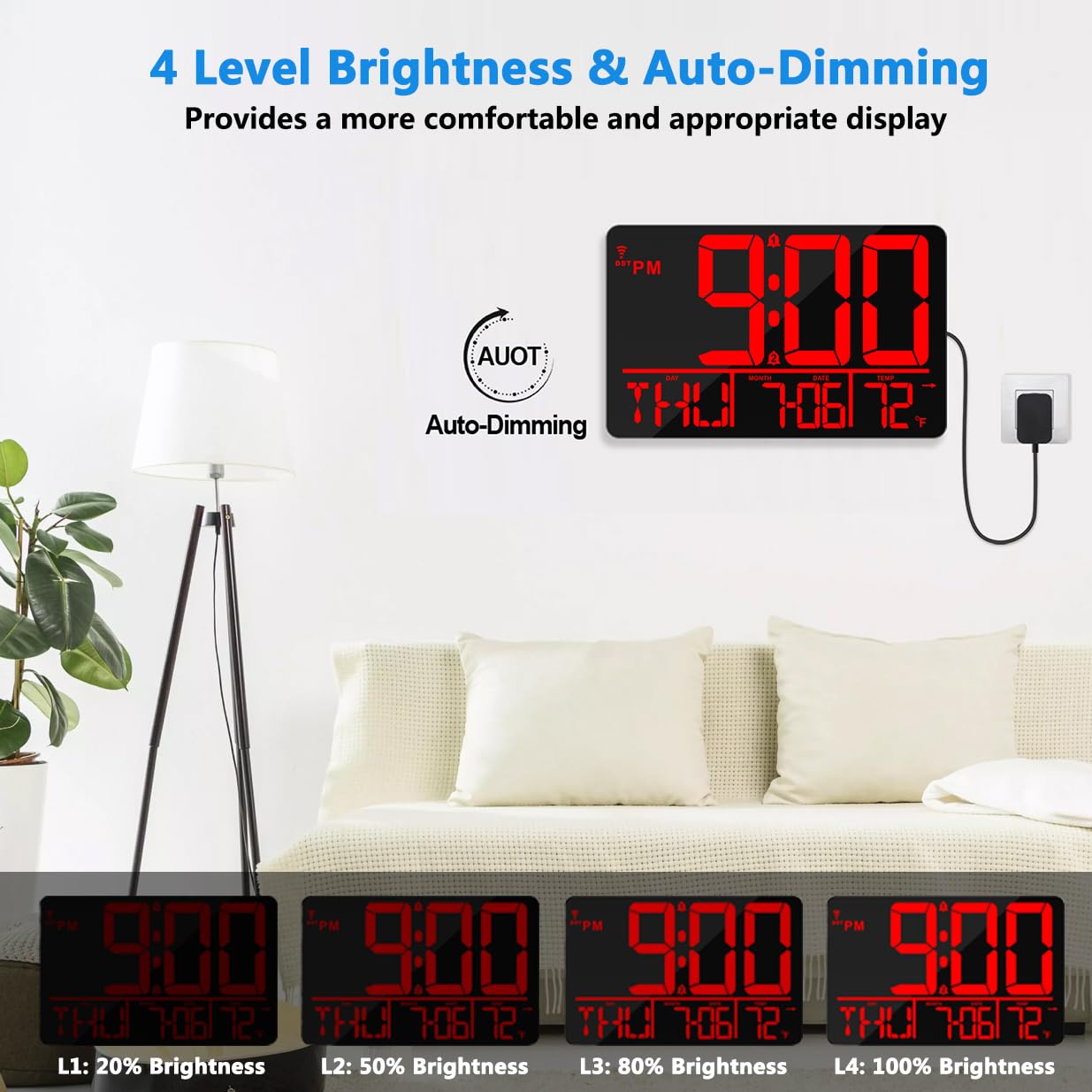 Grande horloge murale numérique LED de 33 cm avec télécommande, synchronisation Bluetooth, 25 sonneries, température, date et jour de la semaine, double alarme, luminosité automatique, DST