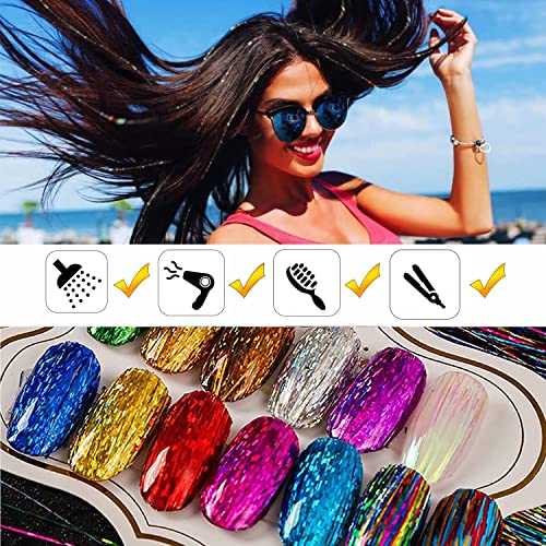 Amchoice TINSEL Kit With Tools 16 Colors 3500 Strands Fairy Hair Tinsel Heat Resistant Sparkling Shiny Tinsel Hair Extensions 48 Inch Colorful Hair Tinsel Strands Kit thumb #3