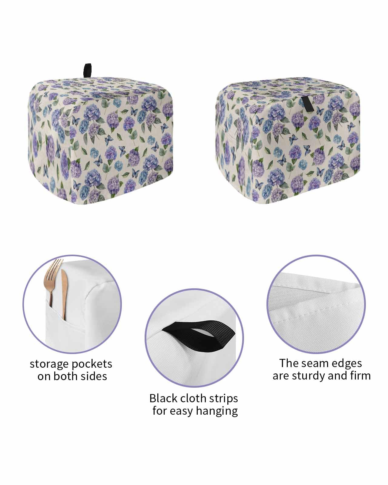 Purple Blue Hydrangea Toaster Cover 2 Slice, Pastoral Butterfly Botanical Dustproof Bread Machine Oven Cover with Storage Pockets, Fits Most Kitchen Toasters Protector