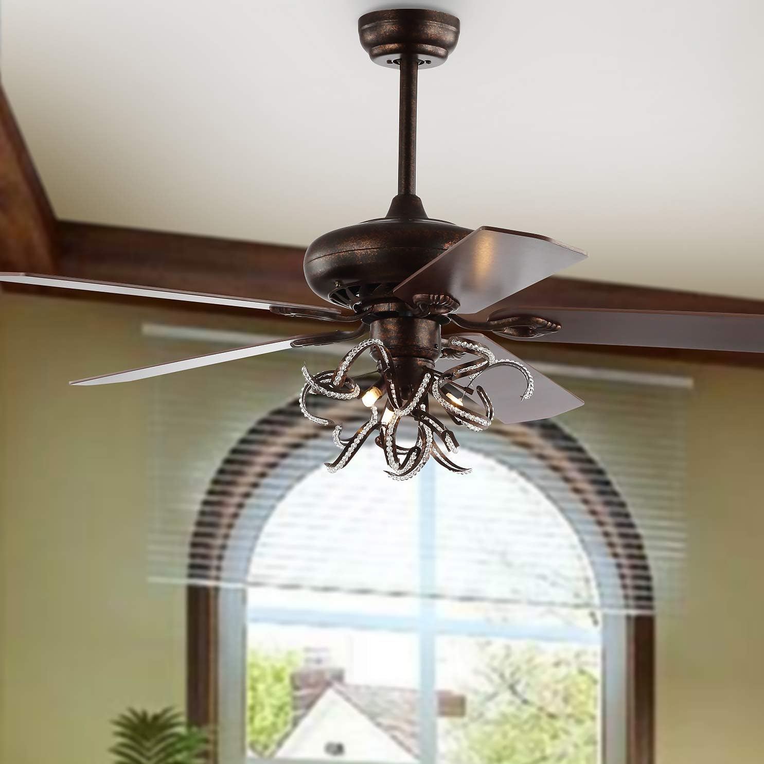 SAFAVIEH CLF1004A Lighting Sensa Red Walnut/Dark Cherry Reversible Blades 52" 3-Speed Remote (LED Bulbs Included) Ceiling Fan, 52" x 52" x 25.5", Bronze