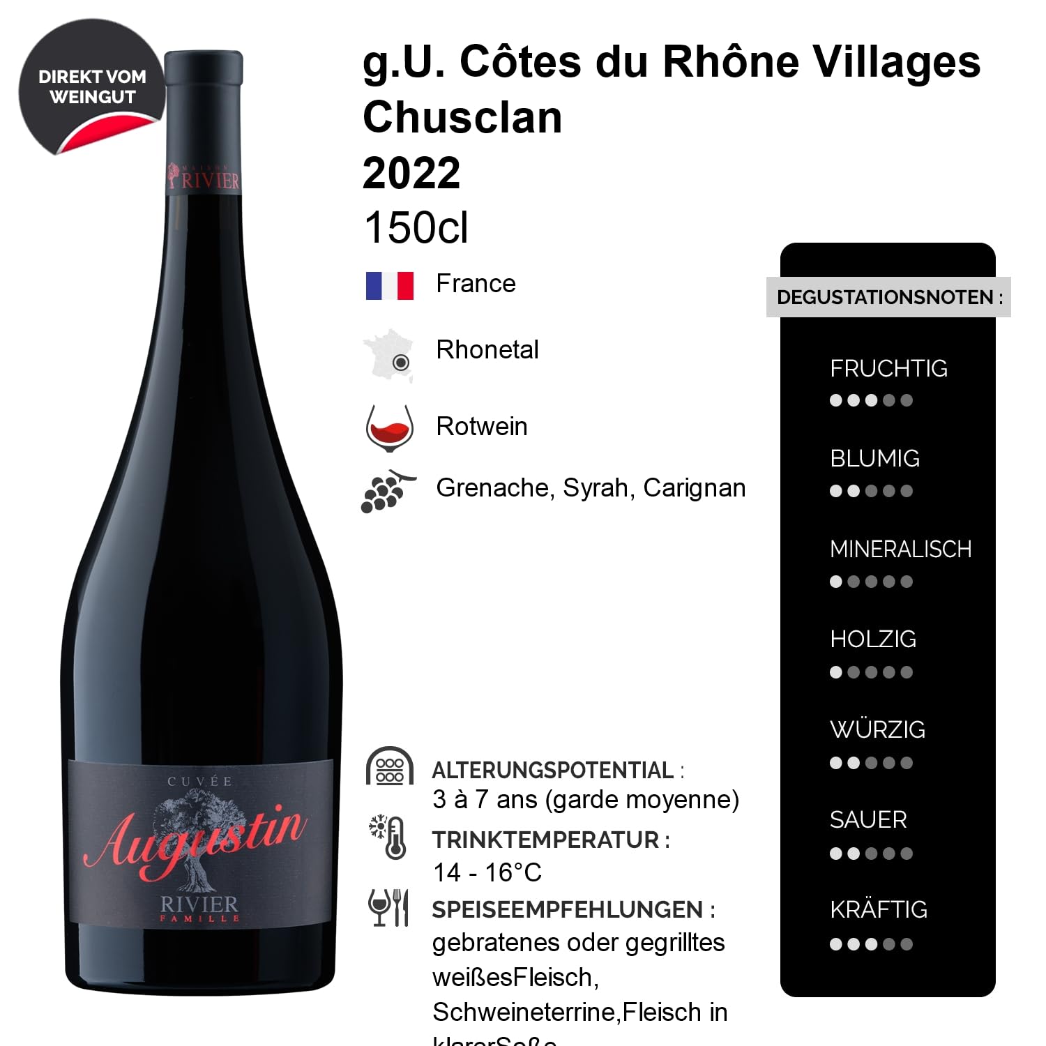 Côtes du Rhône Villages Chusclan Cuvée Augustin MAGNUM Rotwein 2022 - Maison Rivier - g.U. - Rhonetal Frankreich - Rebsorte Grenache, Syrah, Carignan - 3x150cl