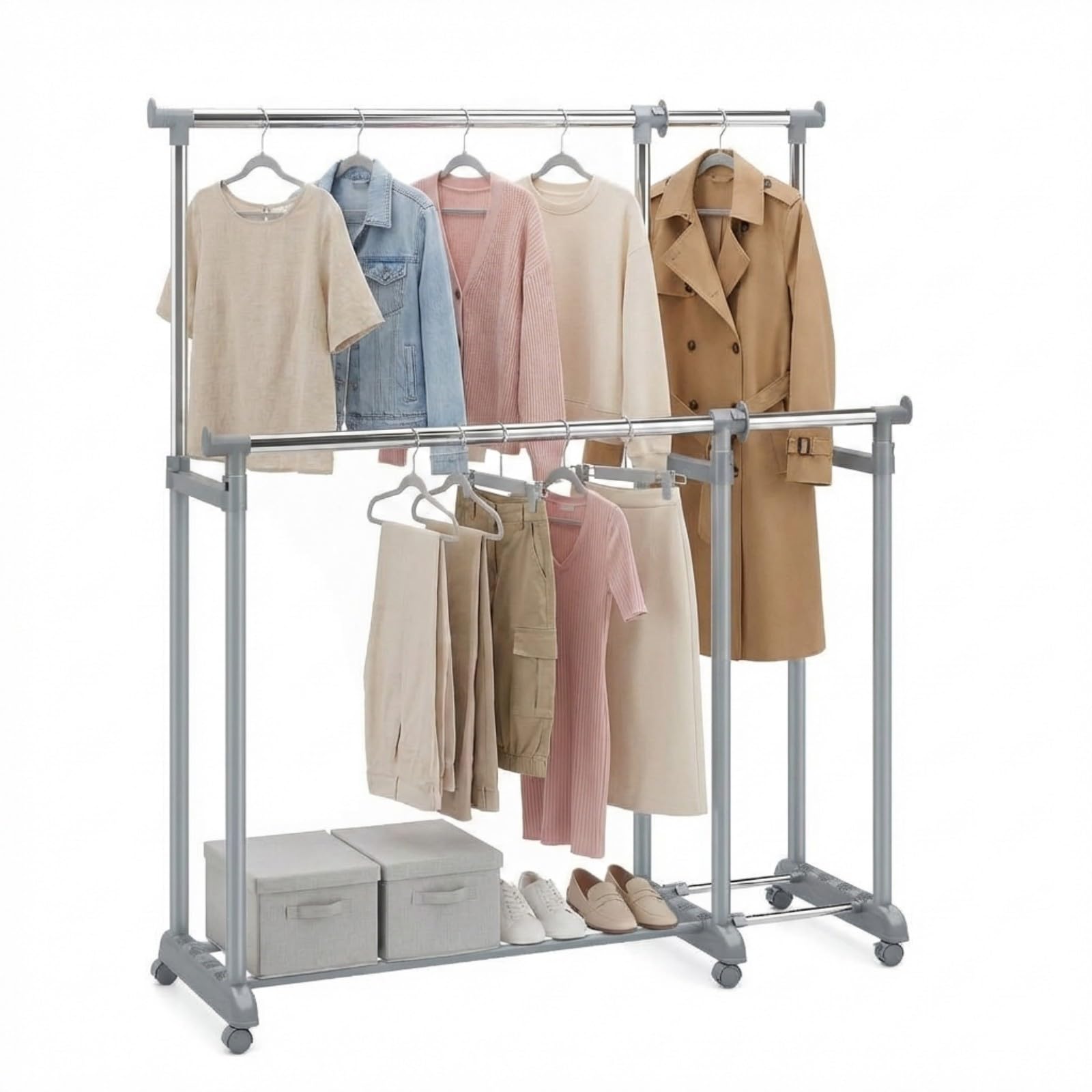 HOMASIS Perchero Burro Ropa Extensible con Ruedas | Doble Barra para Colgar Ropa con Altura y Anchura Ajustables, Marco Metálico, Barras Inferiores y Laterales, Colgador Ropa