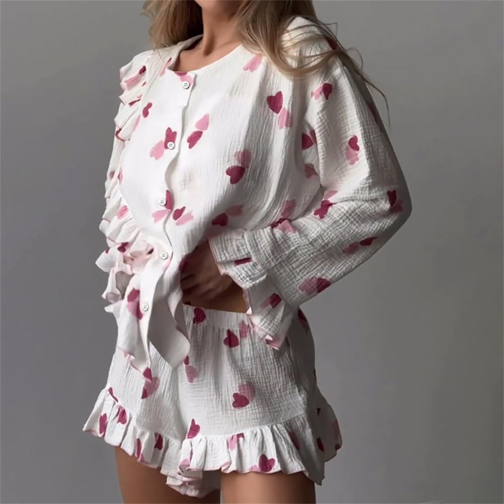 Pigiama da Donna Set A Tre Pezzi Elegante Camicia Maniche Lunghe + Top Senza Cinturine Pantaloni in Vita Alta -White-l