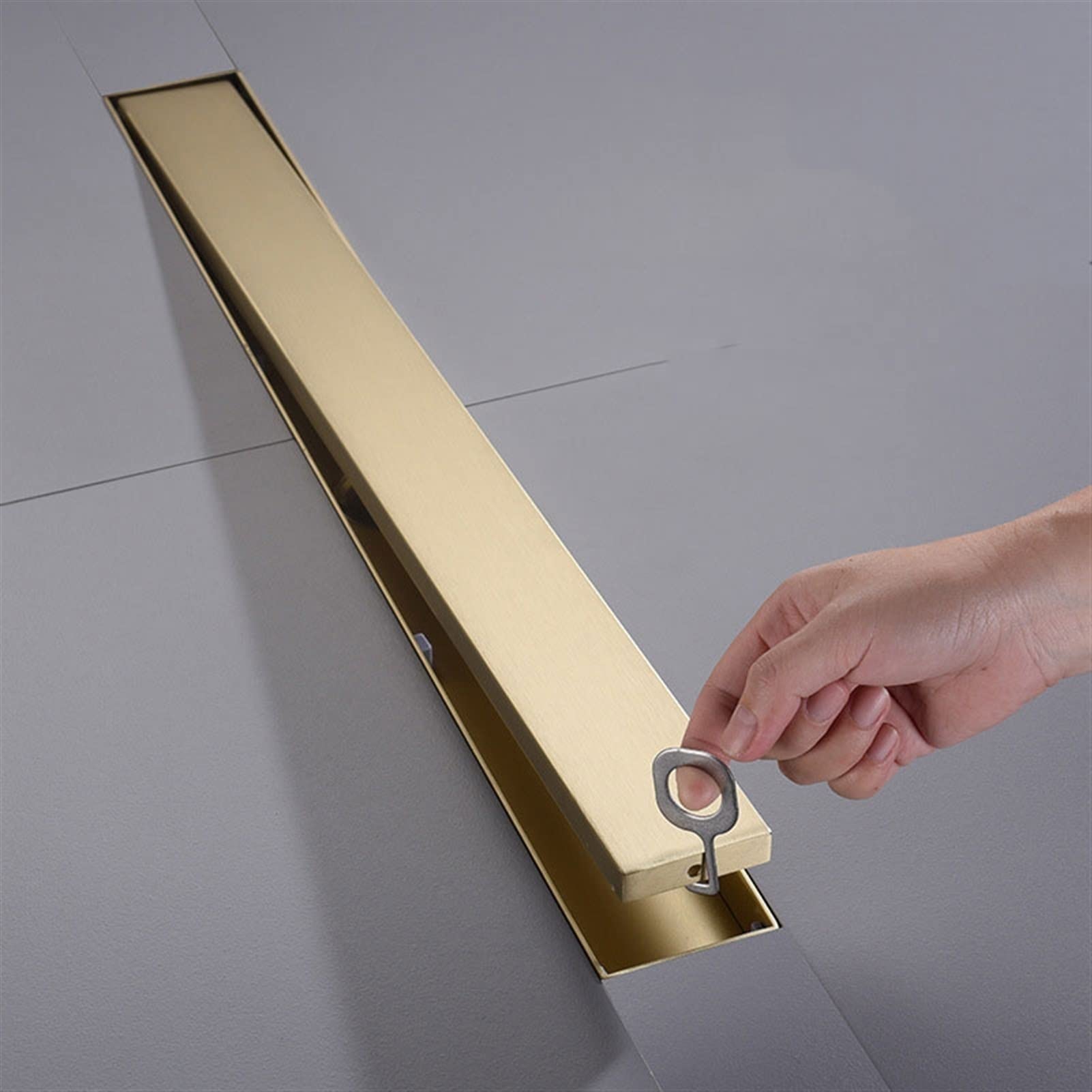 Desagüe Lineal de Ducha de Acero Inoxidable 304 con Acabado Dorado Cepillado, Forma Rectangular, con colador para Cabello y diseño Discreto para Azulejos, 60 cm (23,6''). Ideal para baños mo