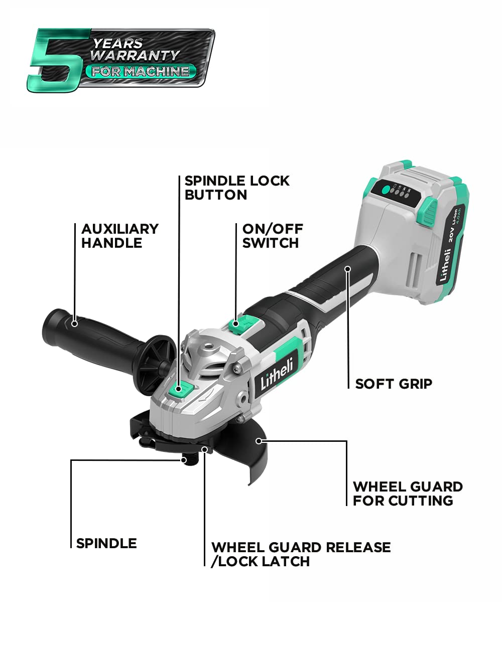 Litheli 20V Cordless Angle Grinder 