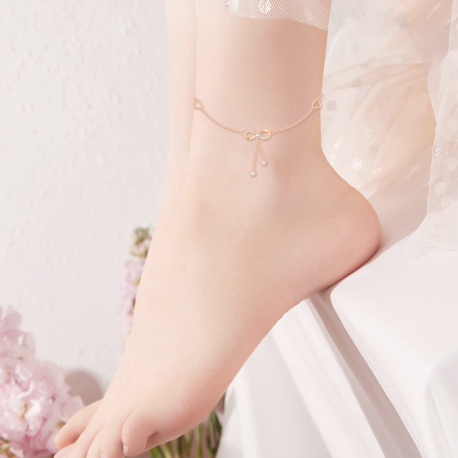 Cavigliera da donna in oro massiccio 14 carati, con cuore infinito in moissanite, in vero oro puro, cavigliera con perline, per anniversario, compleanno, regalo per moglie e mamma, 20,3 cm + 5,1 cm