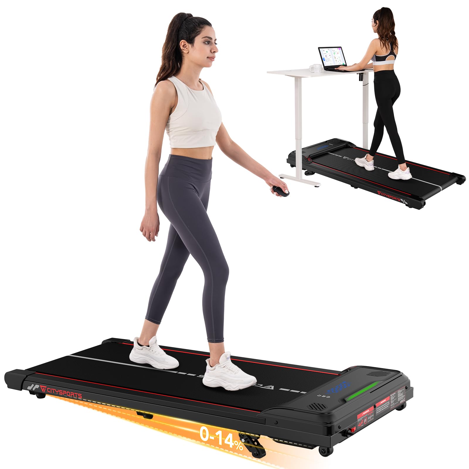 CITYSPORTS 14% Incline Walking Pad,LED indicator bar,6KM/H Under Desk Treadmill,Portable Mini Treadmills for Home,Walking Running Machine with Remote Control,Bluetooth