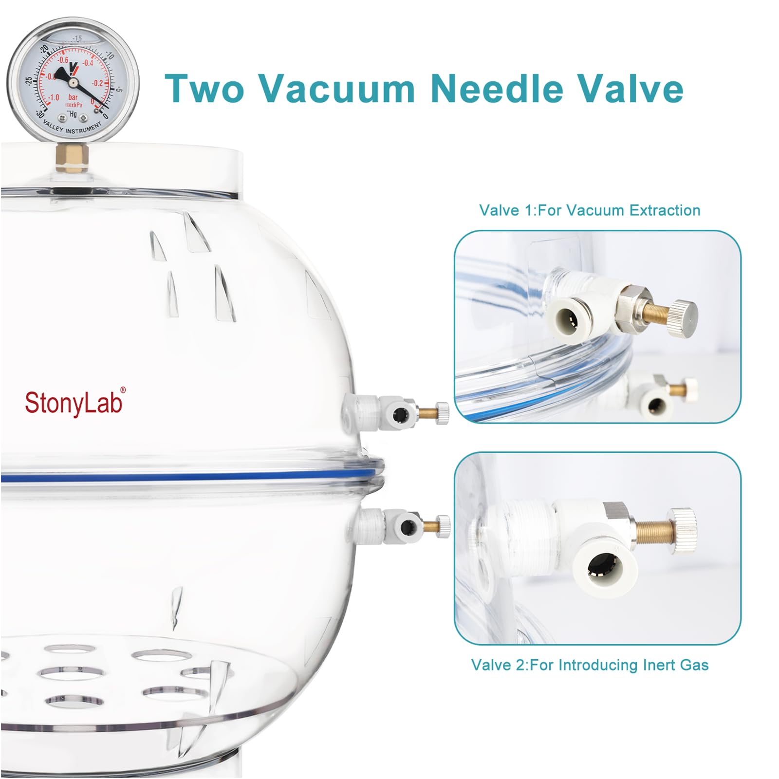 stonylab Desecador de Vacío de PC, Material Reforzado para Mayor Durabilidad, Sello de Silicona Confiable, Sistema de Doble Válvula, Equipado con Manómetro, Diámetro de 300 mm, para Uso en Laboratorio