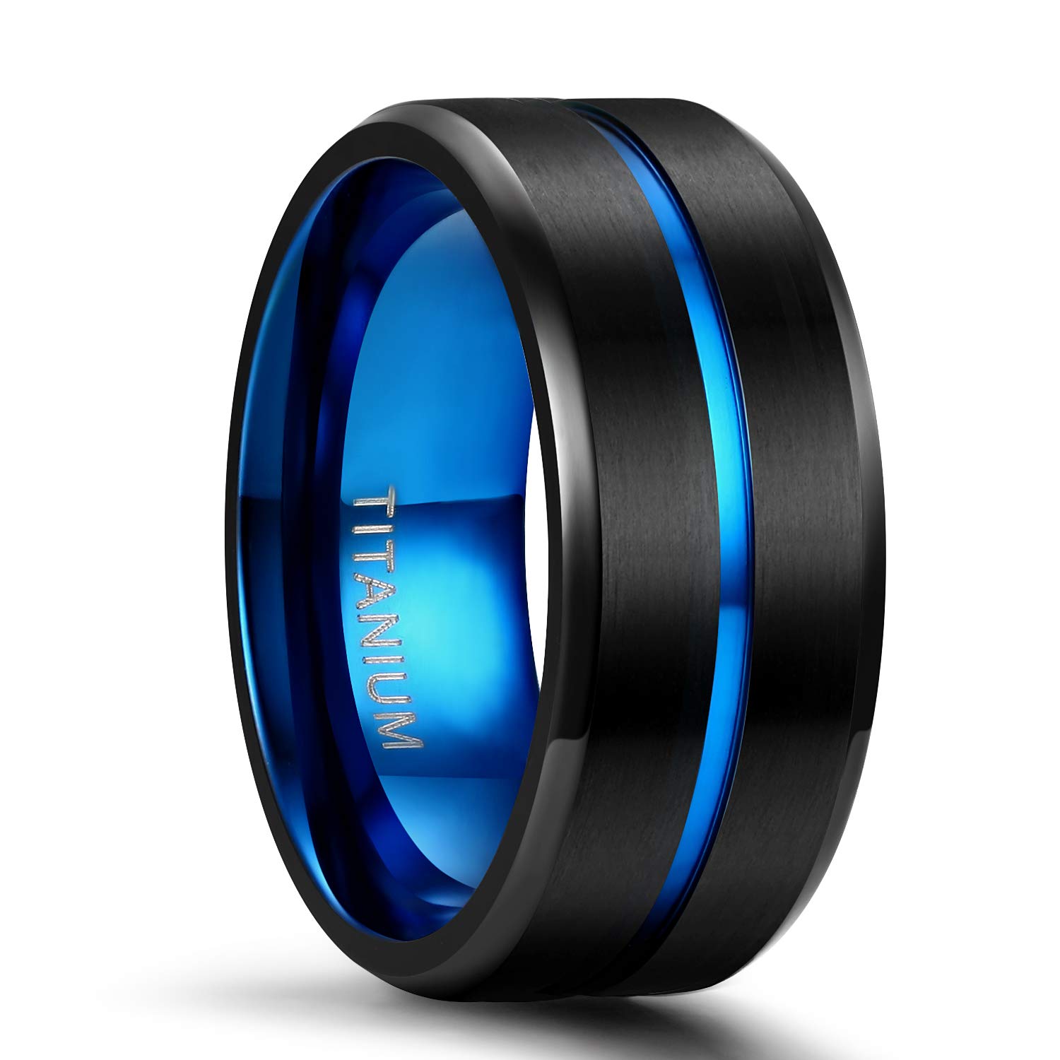 Titanium Ring 6mm 8mm 10mm Blue Centre Groove Wedding Band Comfort Fit Matte for Men Women