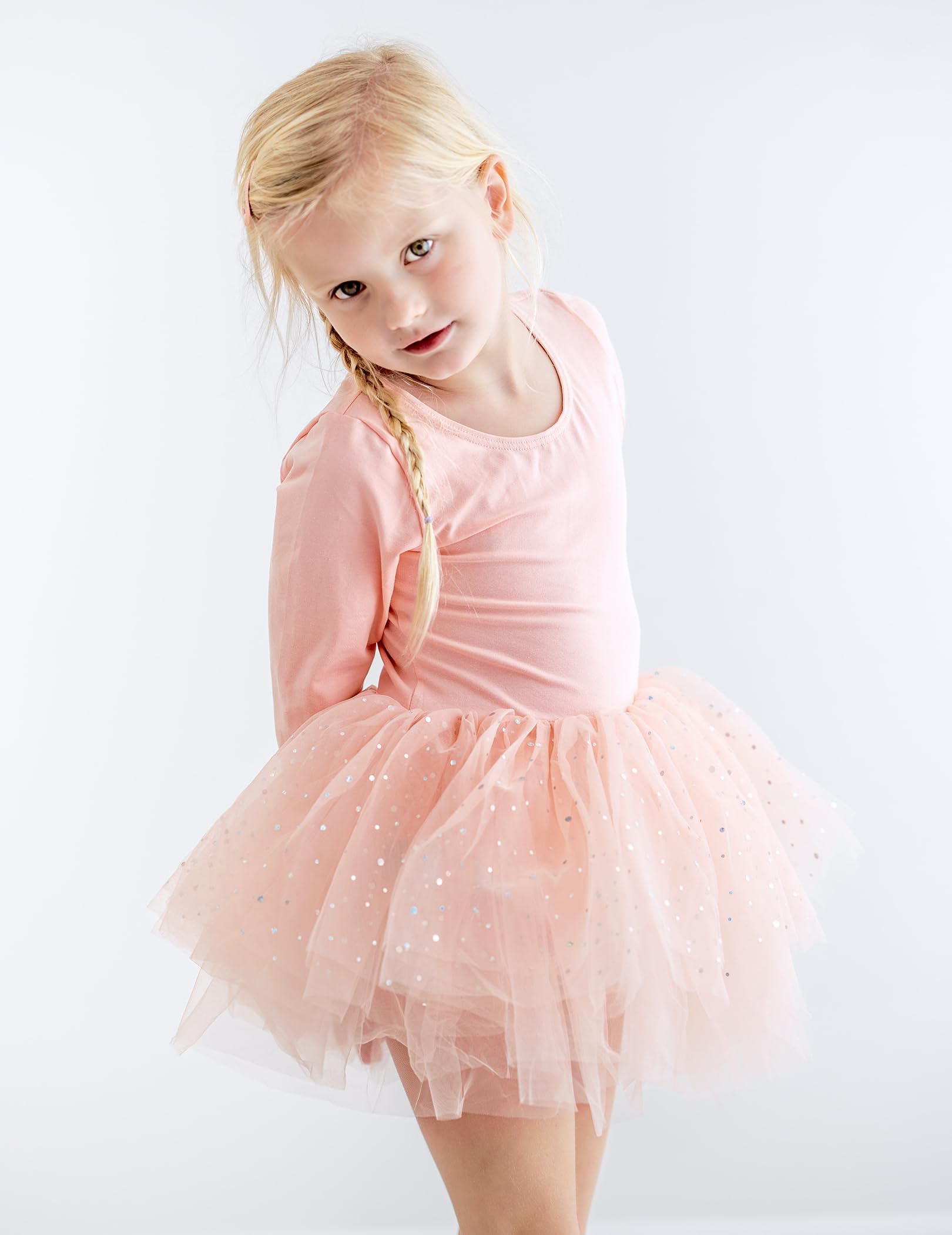 Arshiner Vestido de Tutú de Ballet para Niñas Malla de Manga Larga Traje de Baile de 4 Capas con Falda Brillante Traje de Ballet, Ropa de Baile para Edades de 2 a 11 años